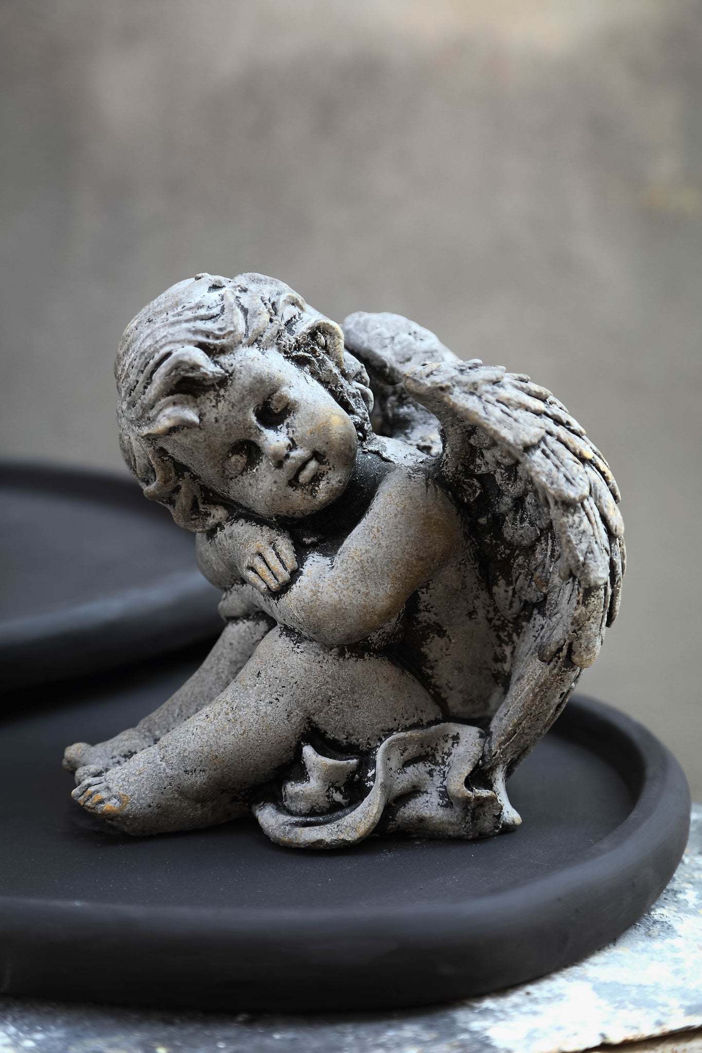 Chrisann Grey Cement Sitting Angel Statue Set Of 2