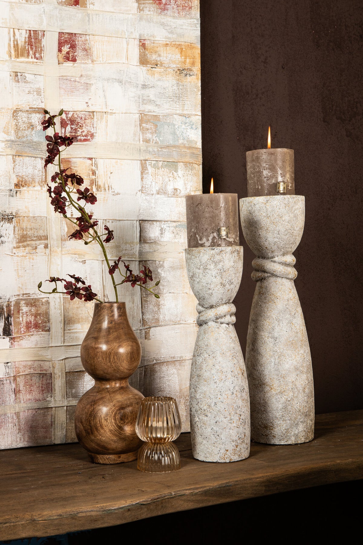 Ornan Grey Cement Candle Holder Round Detail S
