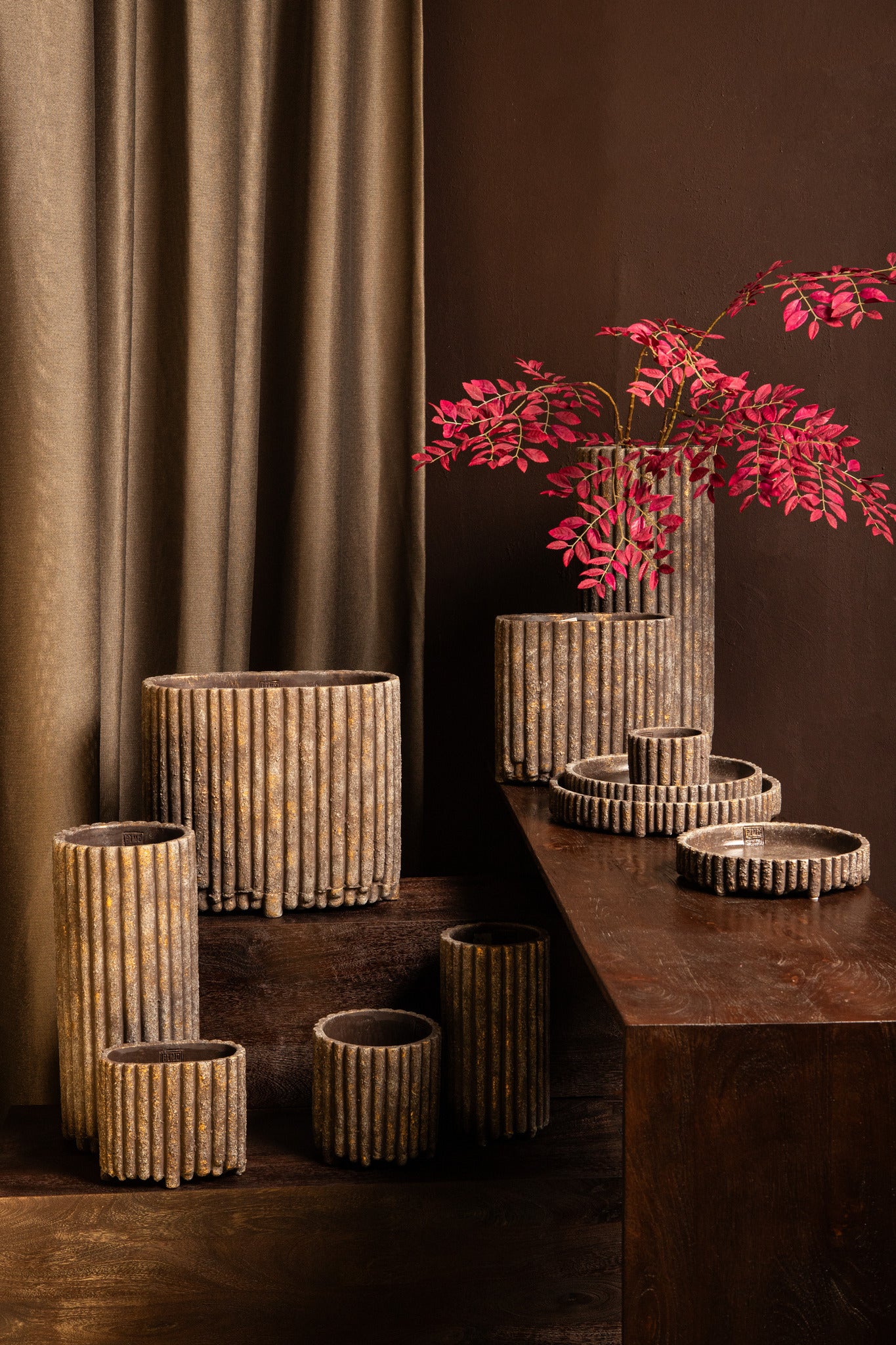 Morganne Brown Oval Cement Pot Ribbed Lines L