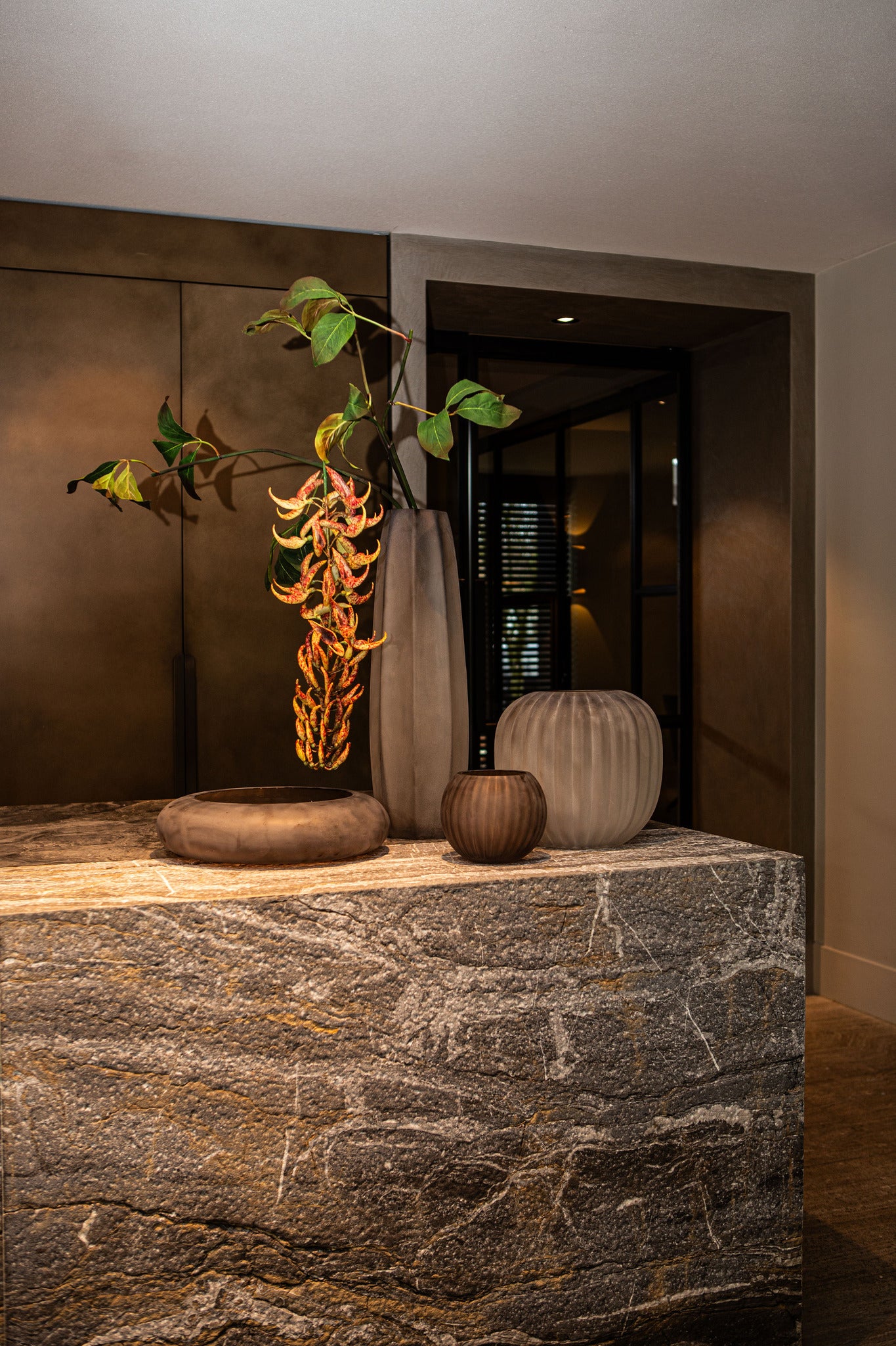 Levente Sand Carved Glass Round Vase Ribbed Low