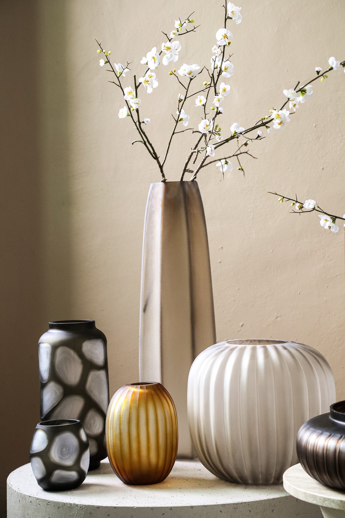 Levente Sand Carved Glass Round Vase Ribbed High