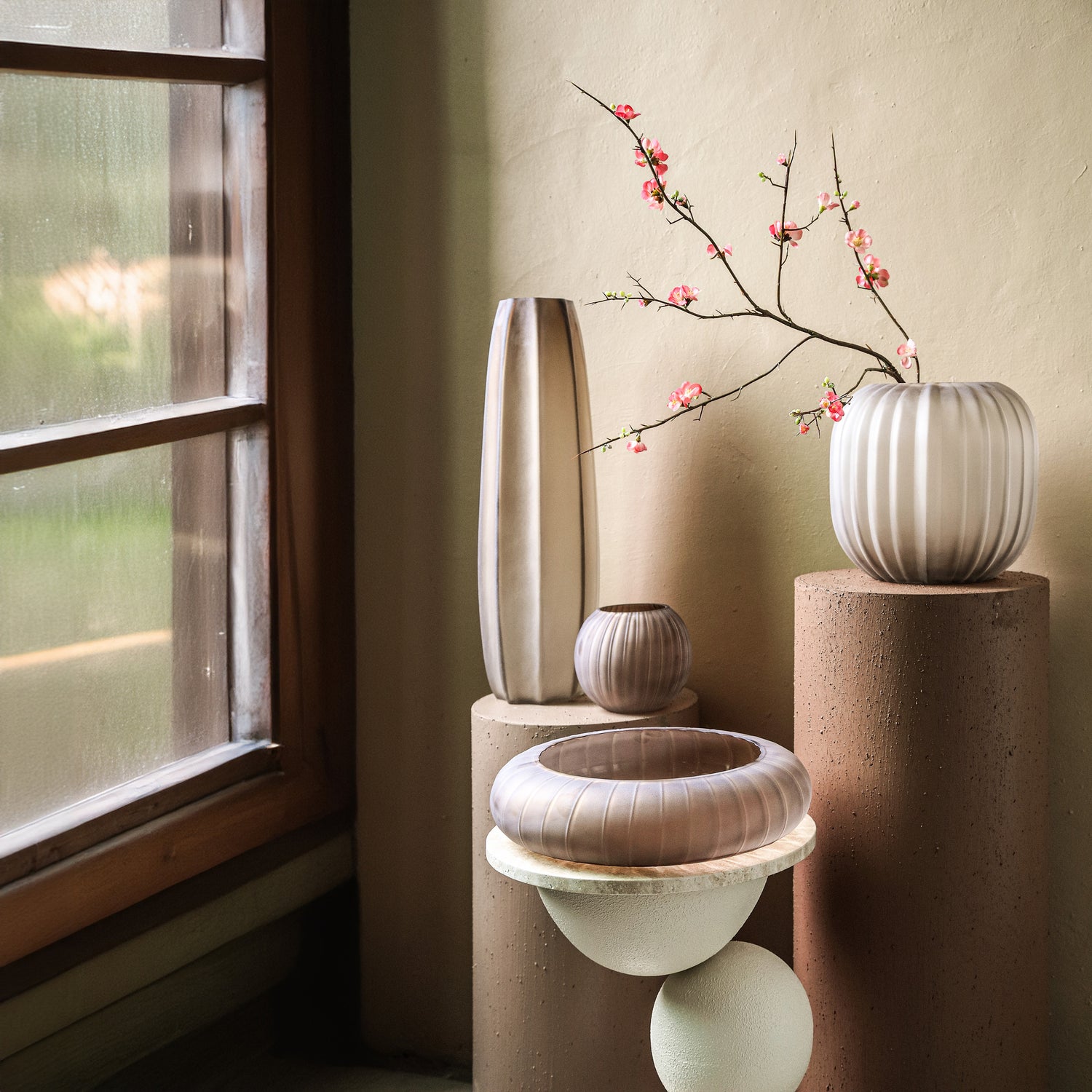 Levente Sand Carved Glass Round Vase Ribbed High