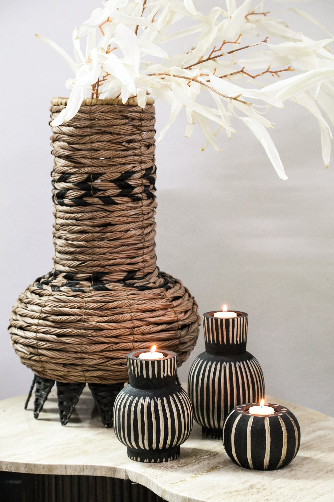 Jordhan Black Natural Wood Candleholder Round High