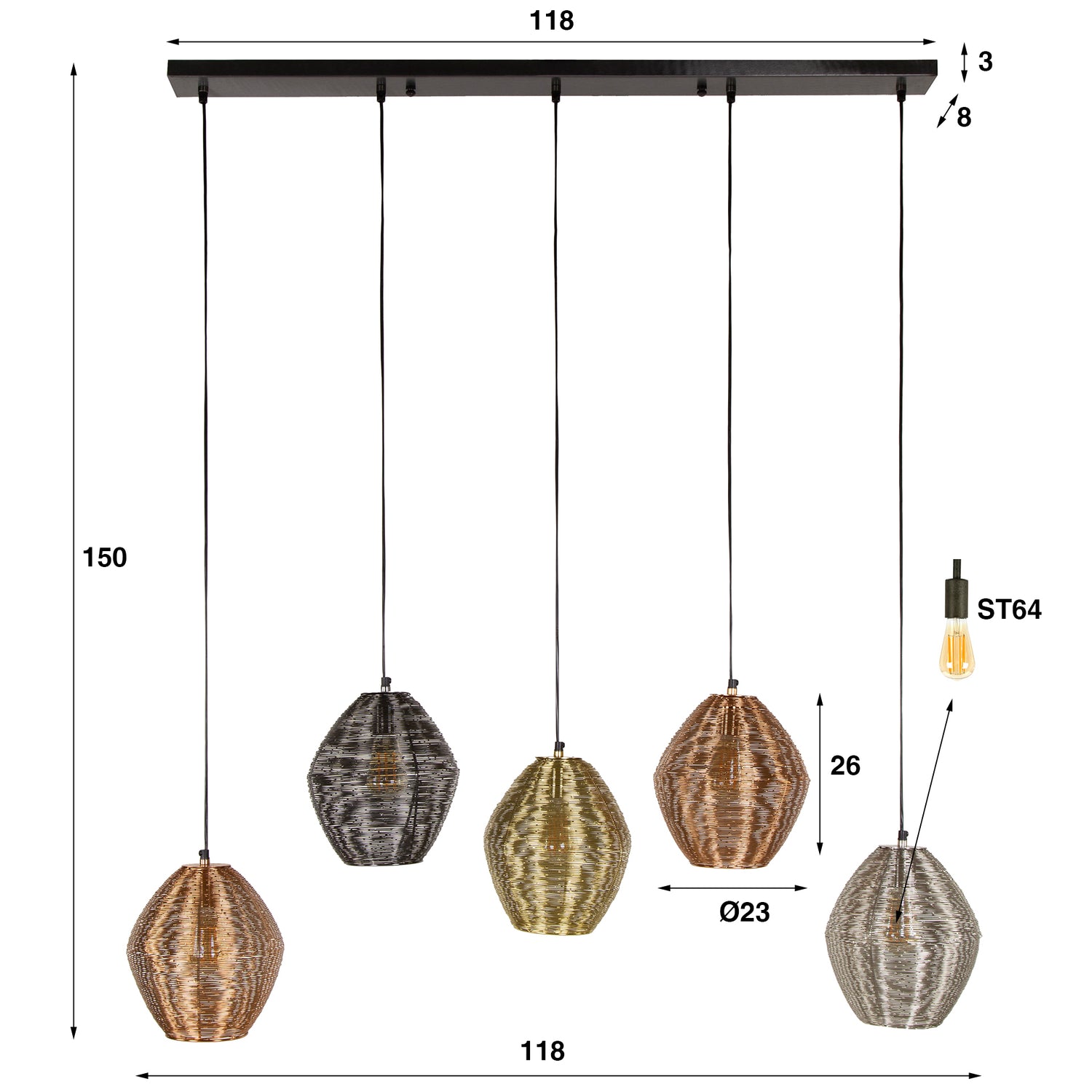 Hanglamp met 5 Lampen Web Mix - 118x26x150 cm - Mat Nikkel Mix Color
