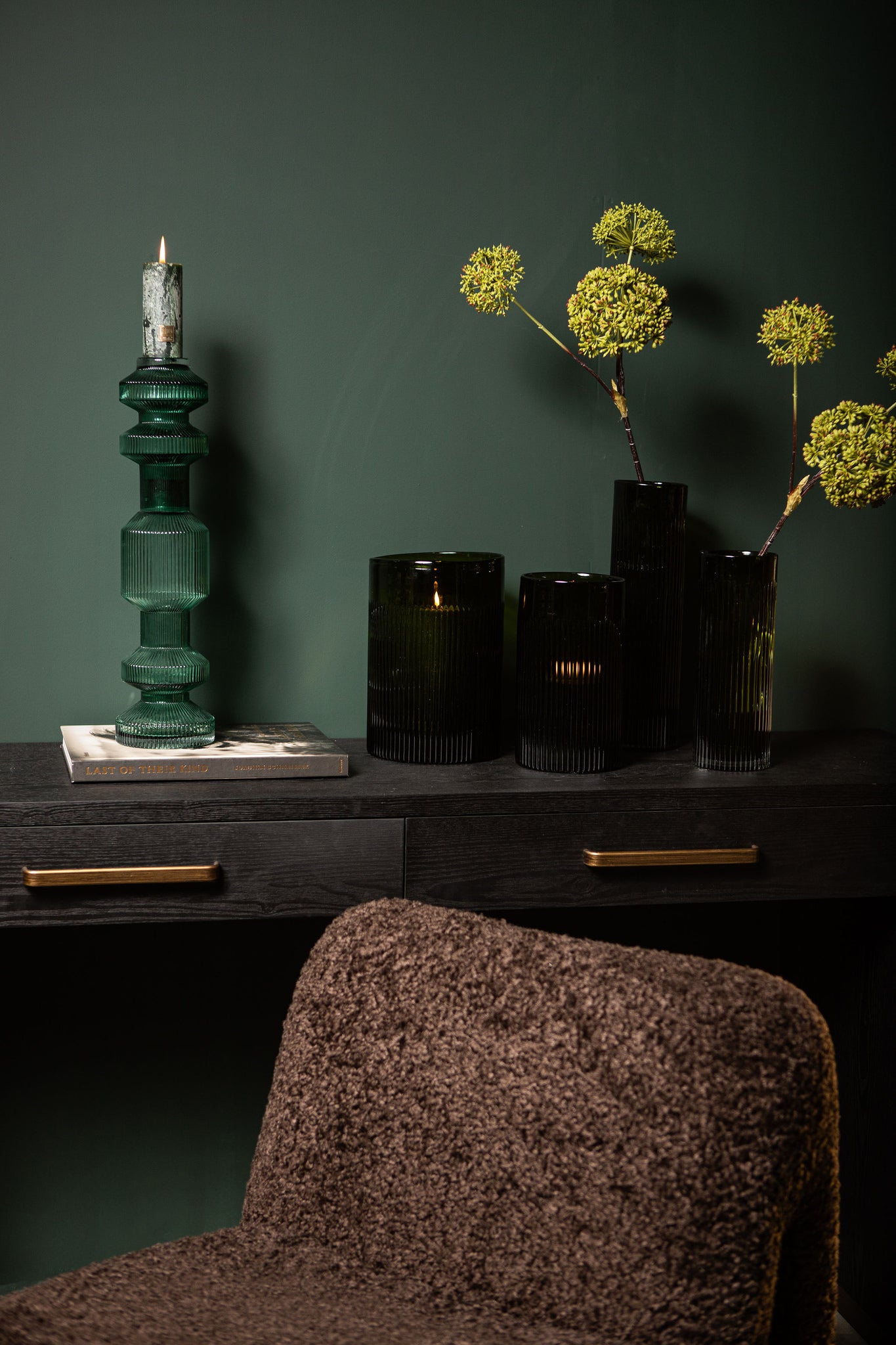 Alphaba Olive Green Round Ribbed Glass Vase Small L