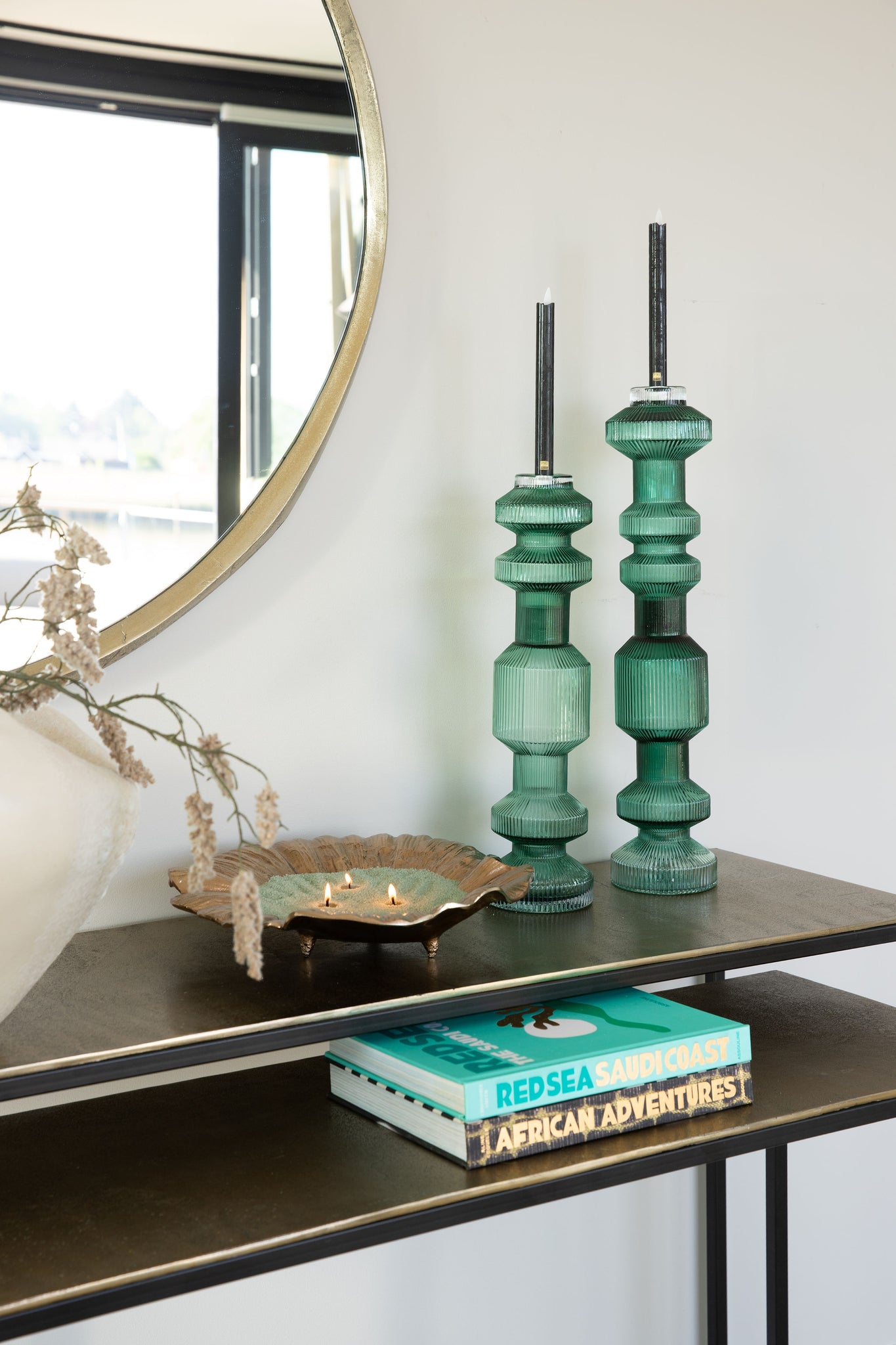 Galinda Dark Green Ribbed Glass Candle Holder S