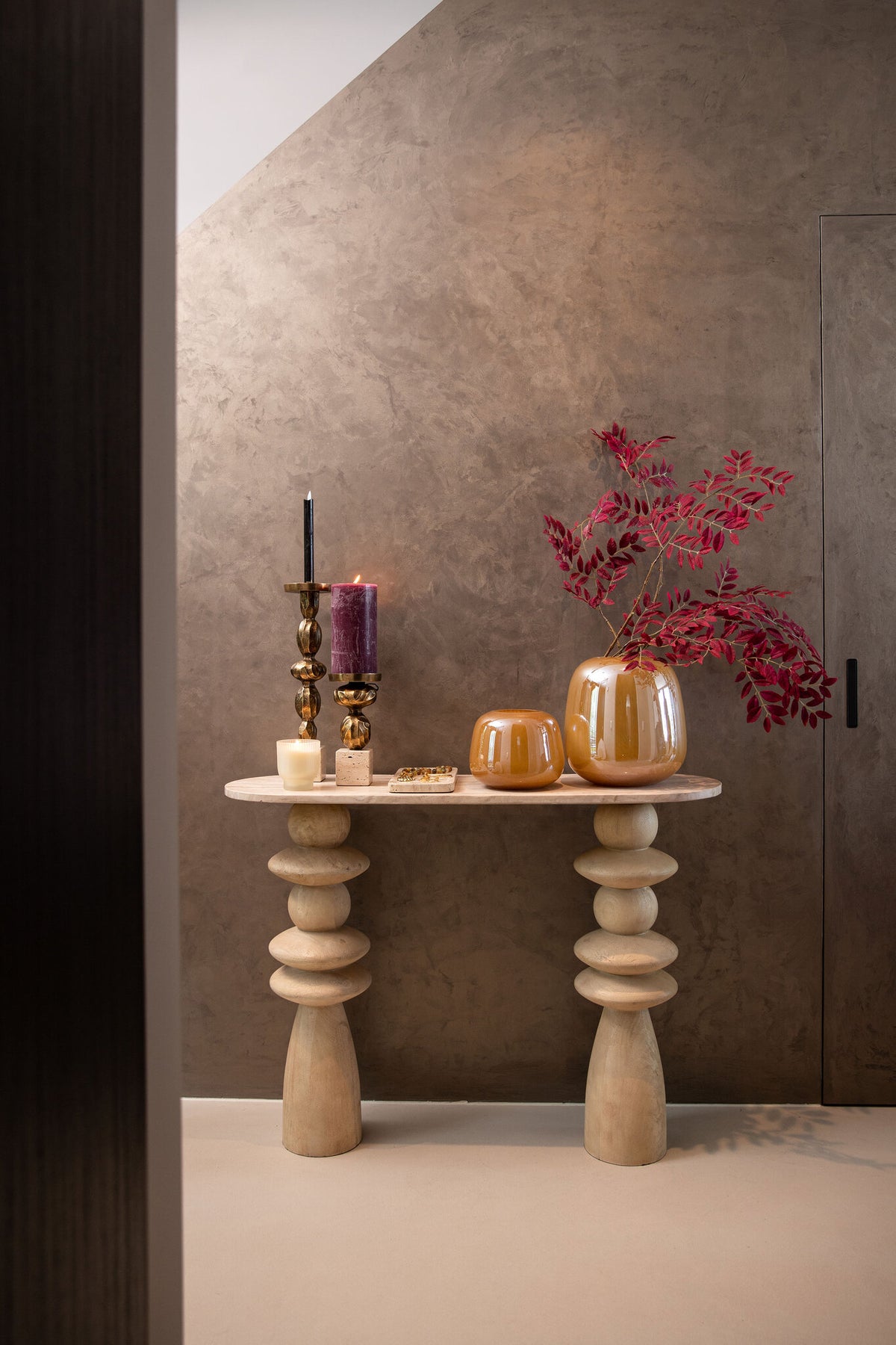 Callain Natural Mango Wood Side Table Marble Oval
