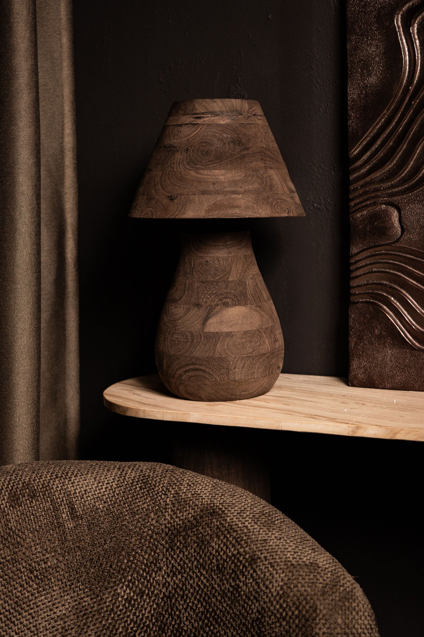 Peake Brown Mango Wood Round Table Lamp Low