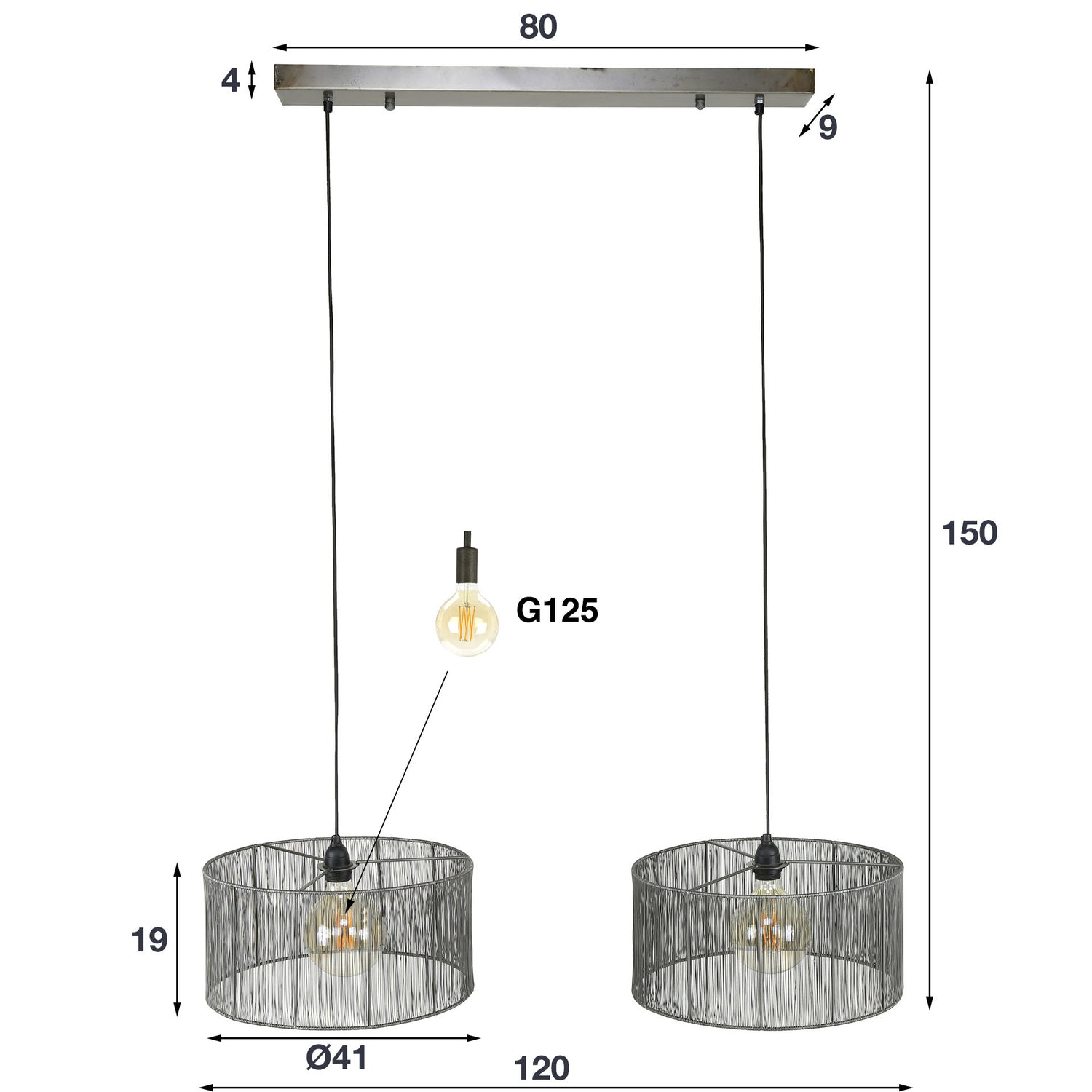 Hanglamp met 2 Lampen Stringshade Metal - 120x41x150 cm - Zwart - Nikkel