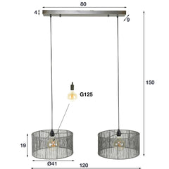 Hanglamp met 2 Lampen Stringshade Metal - 120x41x150 cm - Zwart - Nikkel