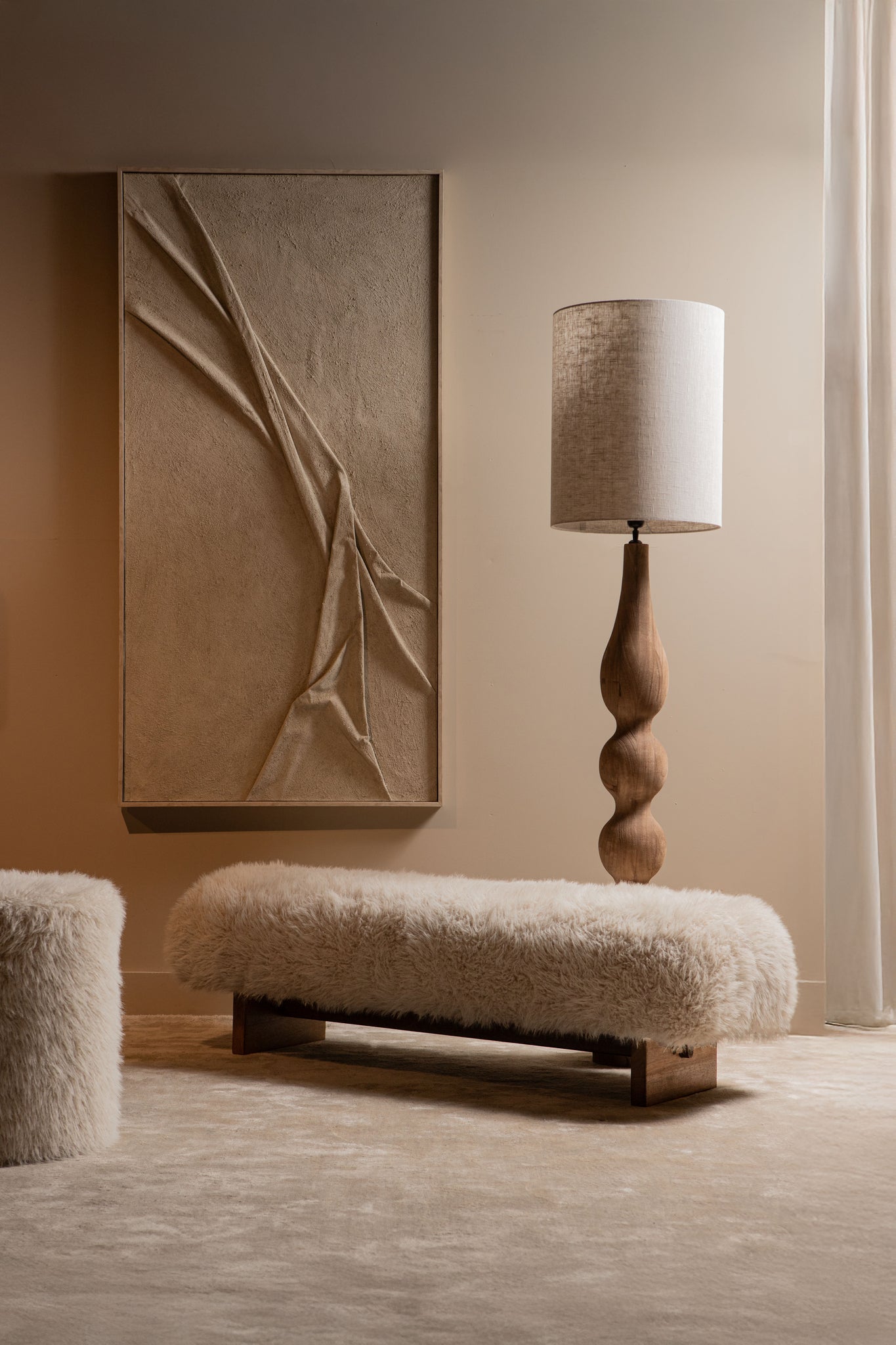 Hair Beige Fabric Bench With Wooden Legs