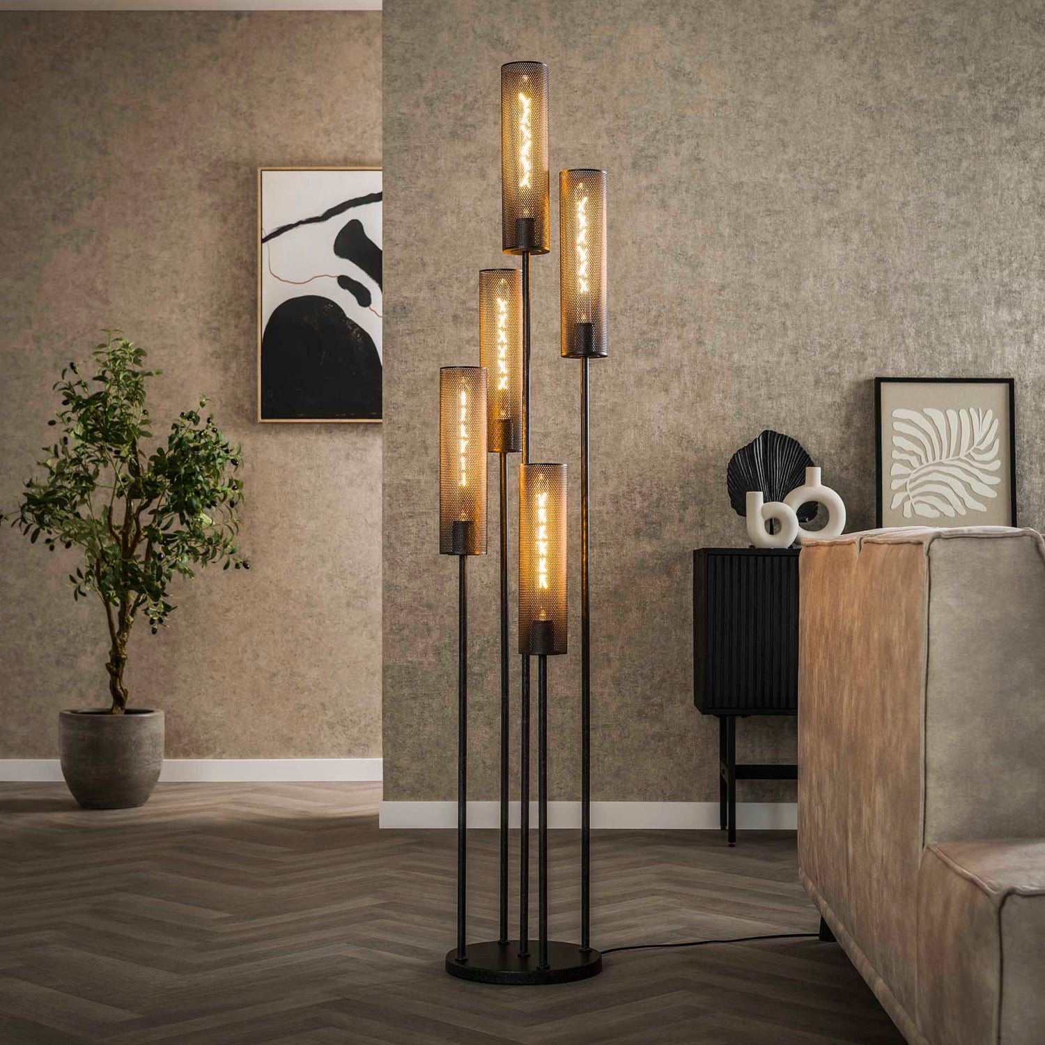 Vloerlamp met 5 Lampen Getrapt Tube Mesh - 32x32x172 cm - Artic Zwart