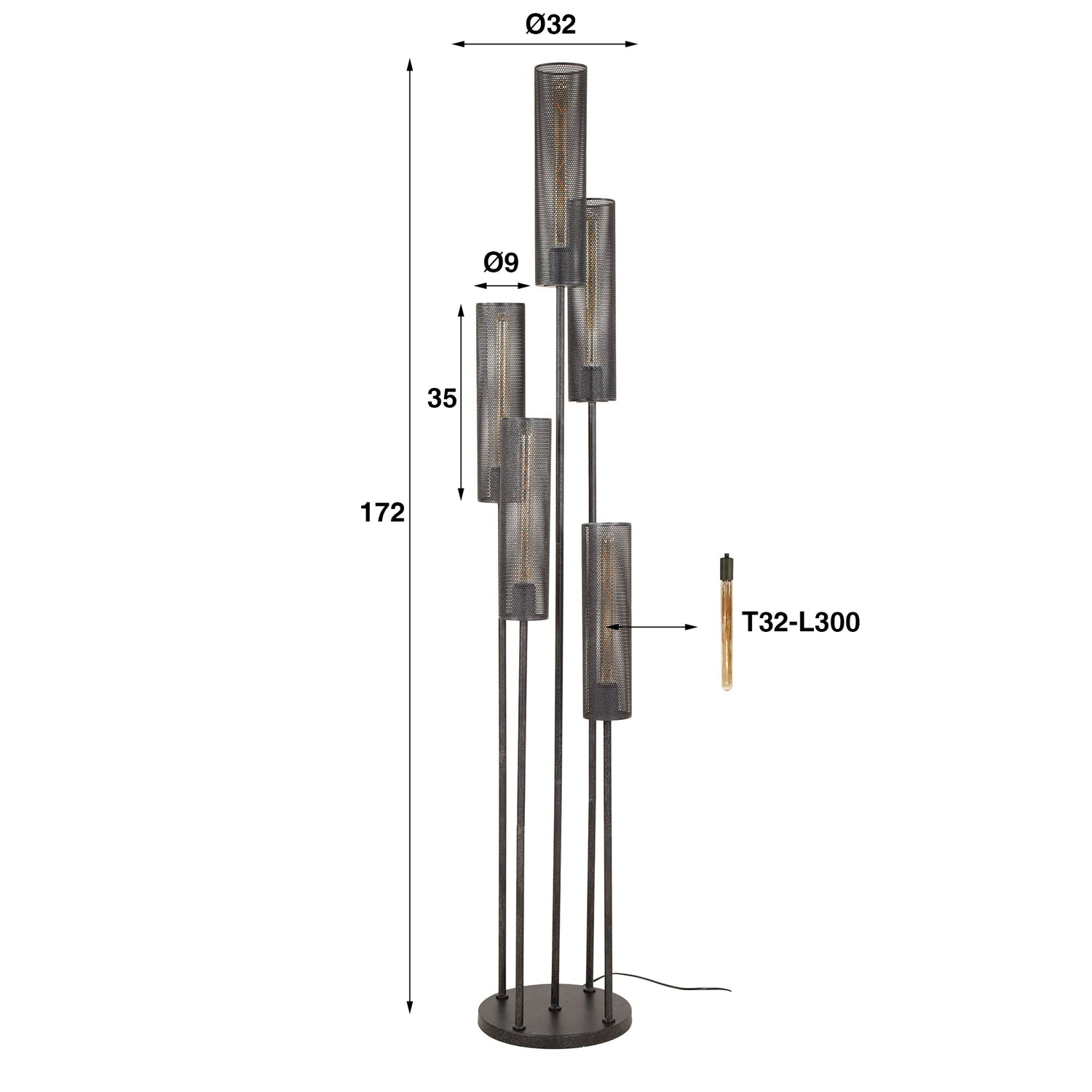 Vloerlamp met 5 Lampen Getrapt Tube Mesh - 32x32x172 cm - Artic Zwart