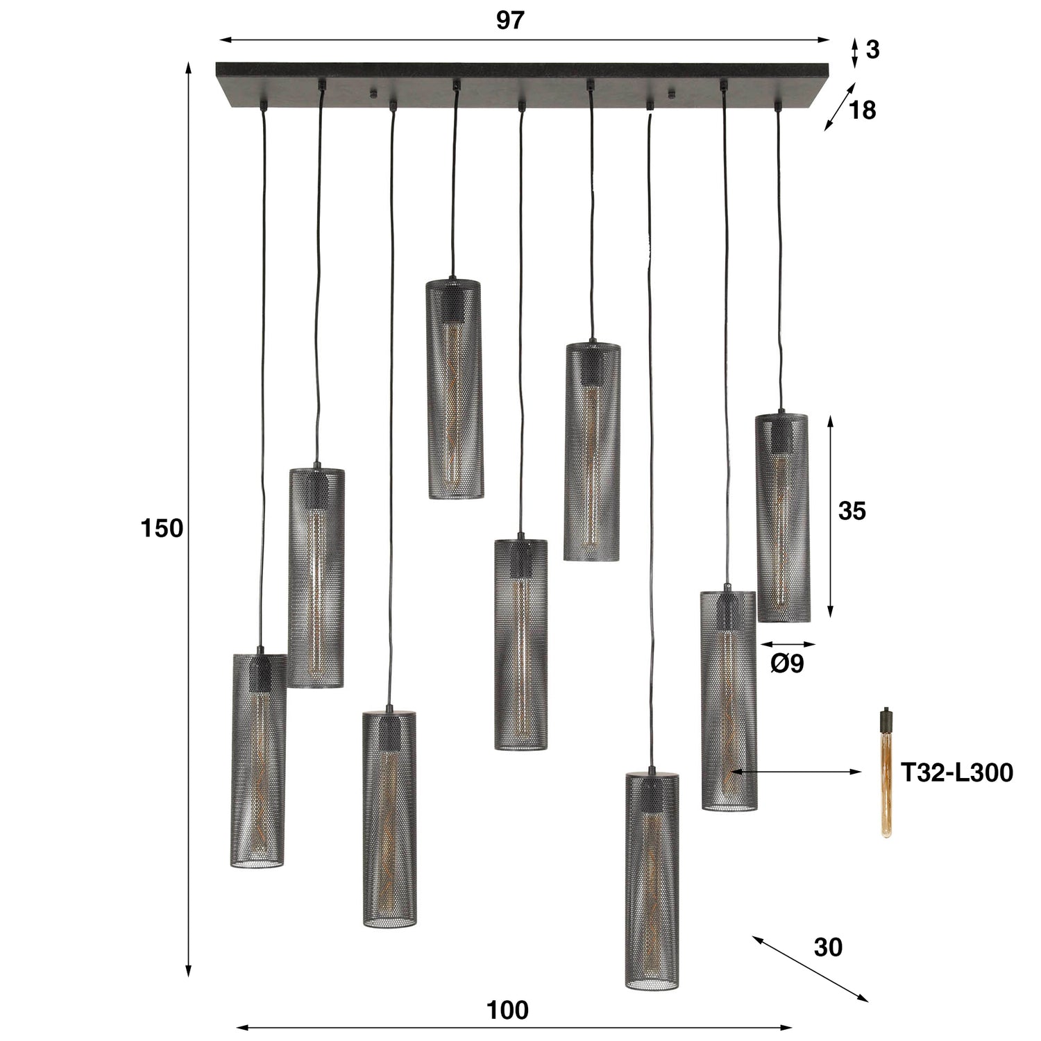 Hanglamp met 9 Lampen Tube Mesh - 100x30x150 cm - Artic - Zwart