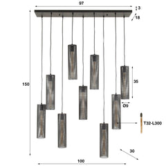Hanglamp met 9 Lampen Tube Mesh - 100x30x150 cm - Artic - Zwart