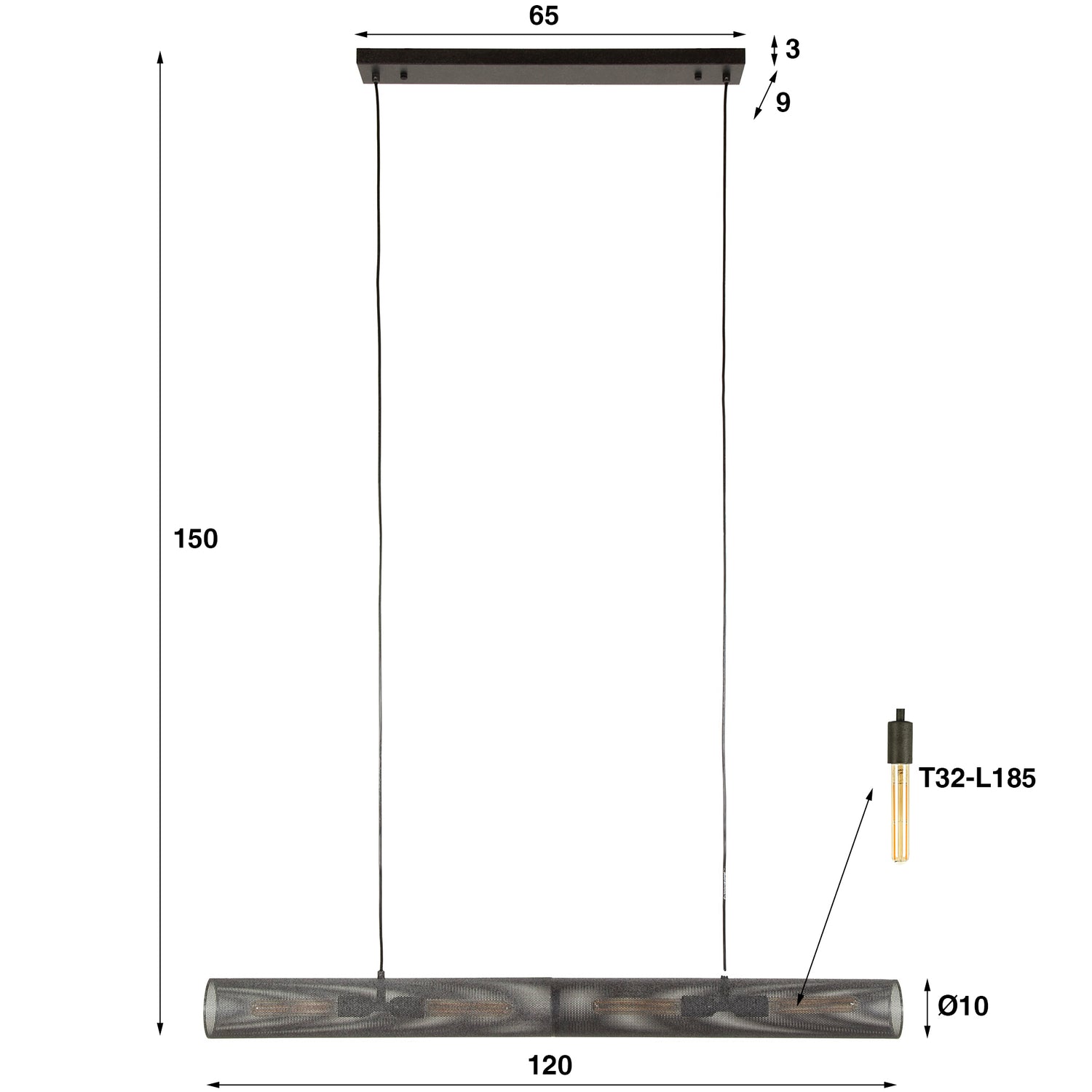 Hanglamp 120 Tube Mesh - 120x10x150 cm - Artic Zwart