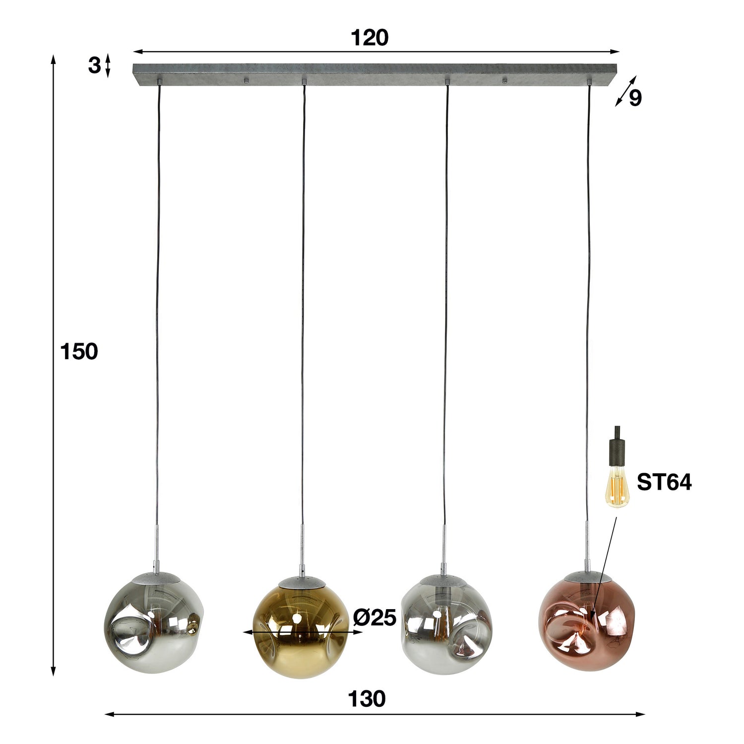 Hanglamp met 4 lampen Stellar - 130x25x150 cm - Oud Zilver