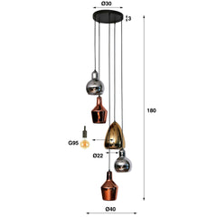 Hanglamp met 5 lampen Mix Glass Tricolore getrapt - 40x40x180 cm - Artic Zwart - Glas