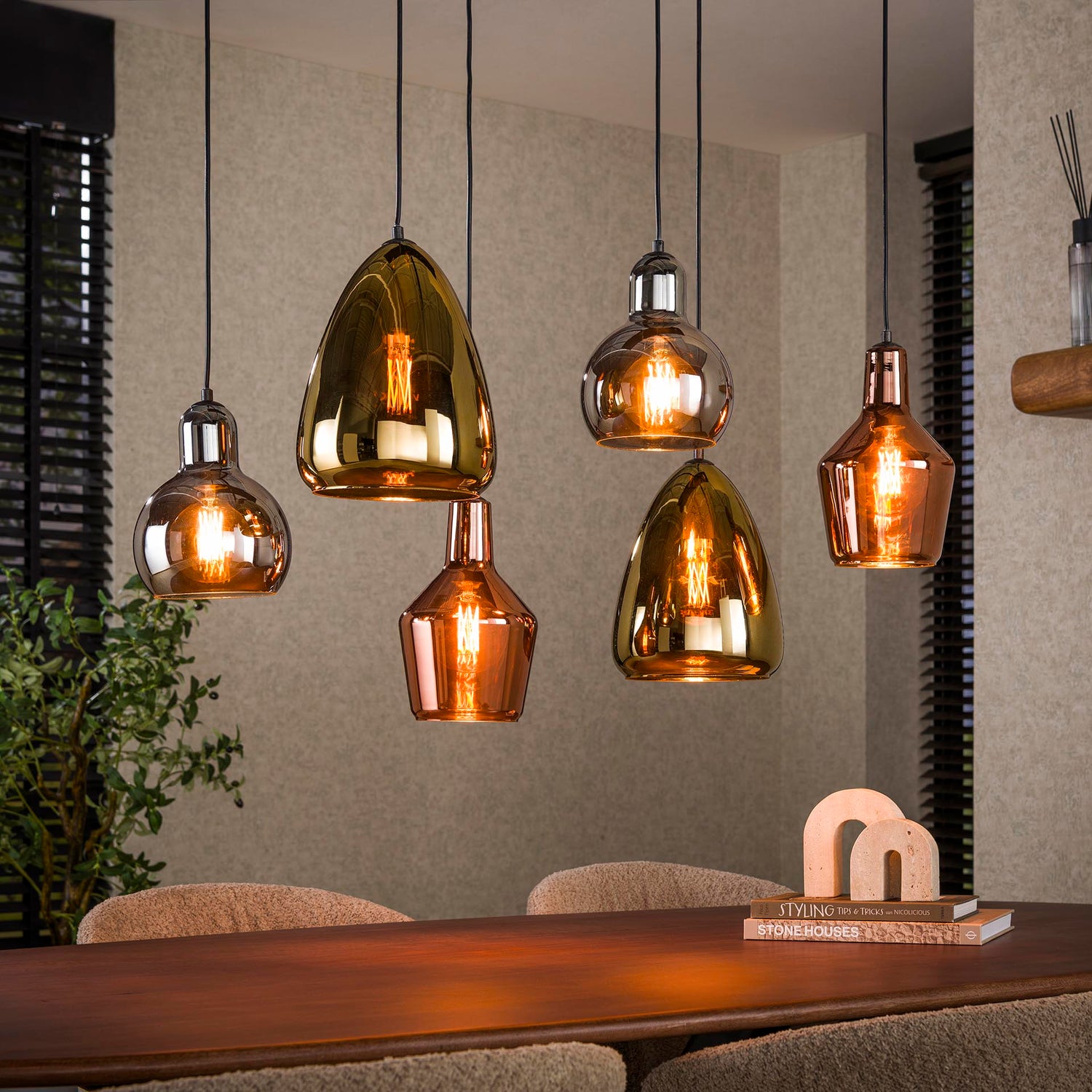Hanglamp met 6 Lampen Mix Glass Tricolore - 95x40x150 cm - Artic Zwart - Glas