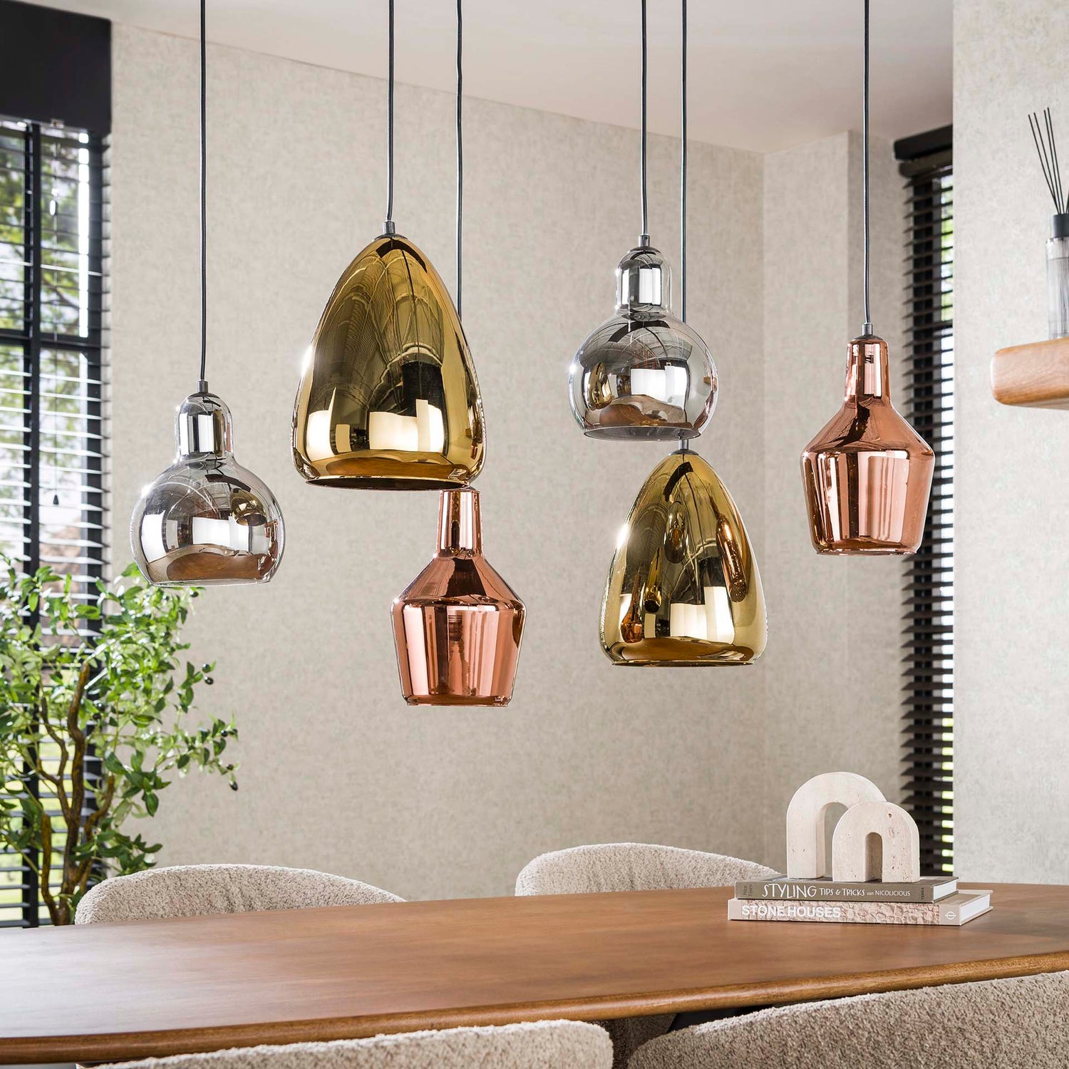 Hanglamp met 6 Lampen Mix Glass Tricolore - 95x40x150 cm - Artic Zwart - Glas