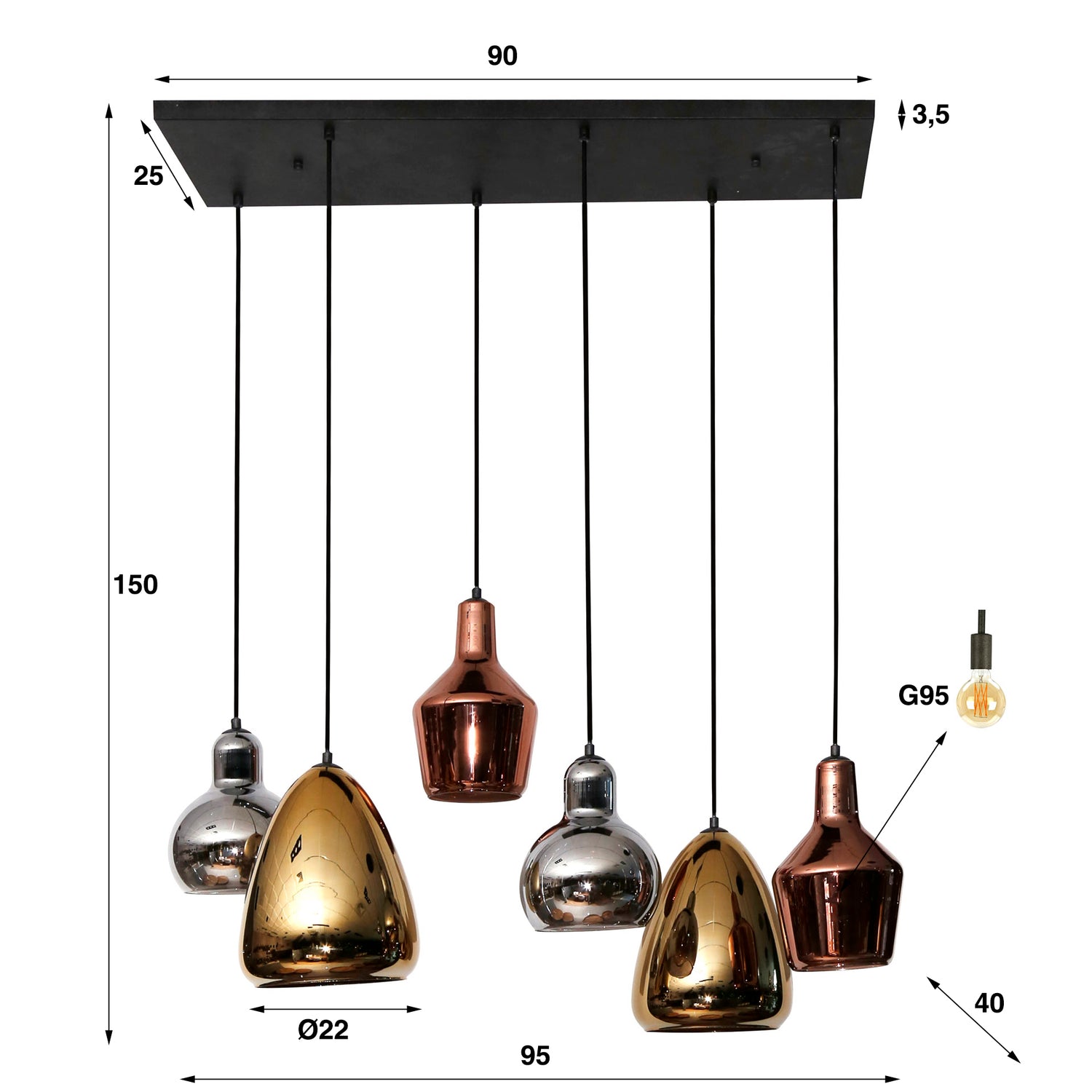 Hanglamp met 6 Lampen Mix Glass Tricolore - 95x40x150 cm - Artic Zwart - Glas