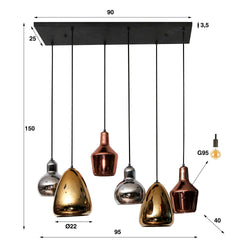 Hanglamp met 6 Lampen Mix Glass Tricolore - 95x40x150 cm - Artic Zwart - Glas