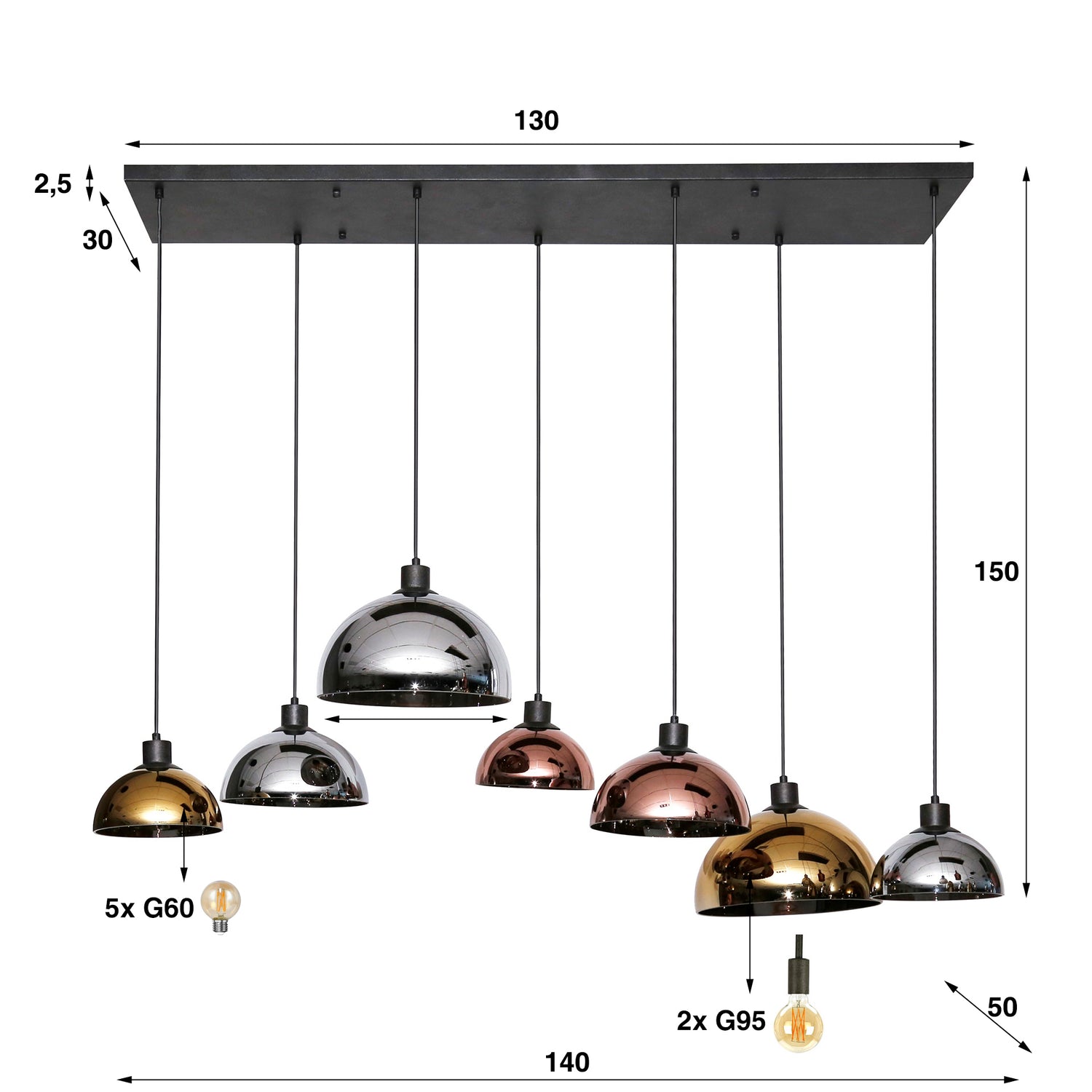 Hanglamp met 7 lampen disk glass tricolore - 140x50x150 cm - Artic Zwart - Glas