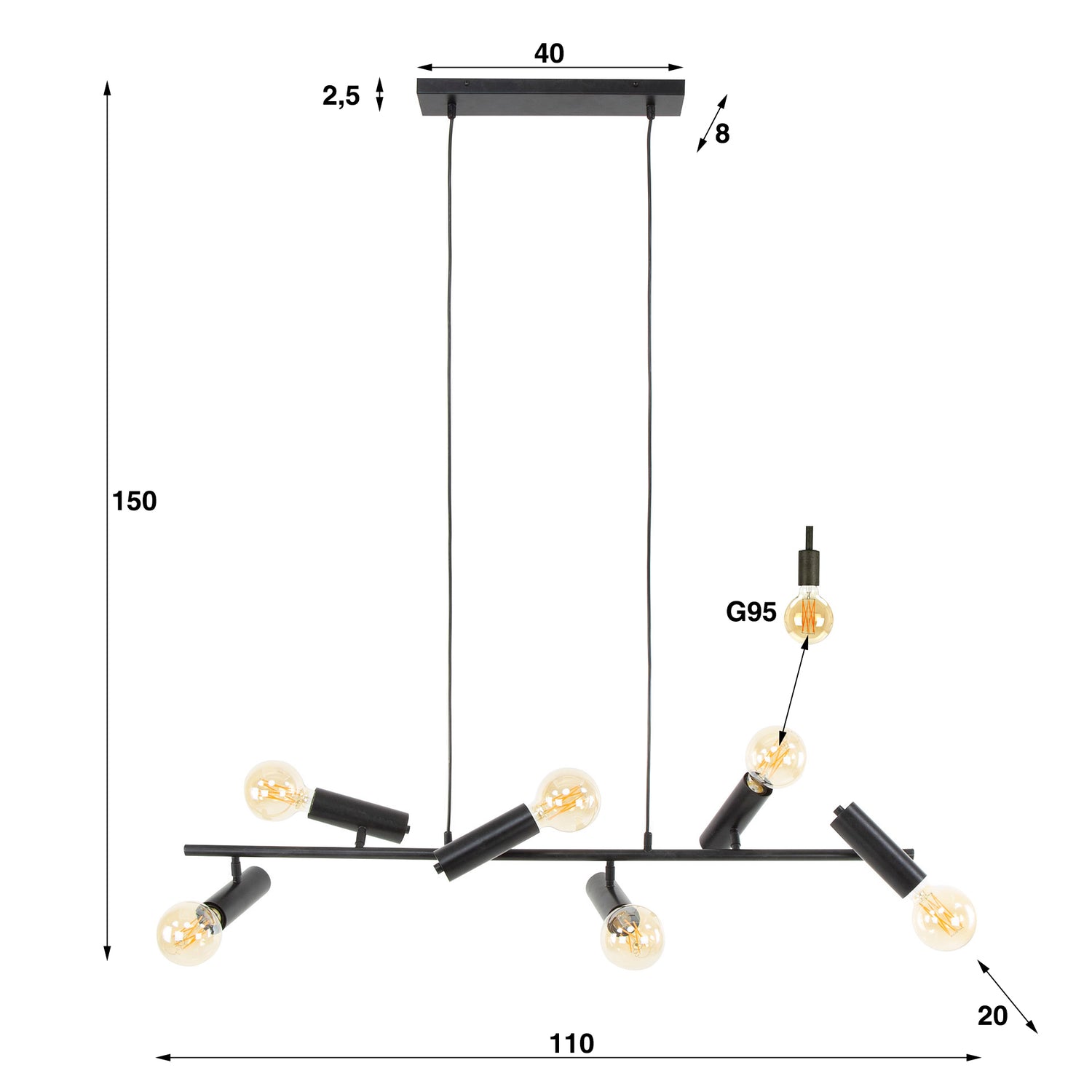 Hanglamp met 6 Lampen point - 110x20x150 cm - Charcoal