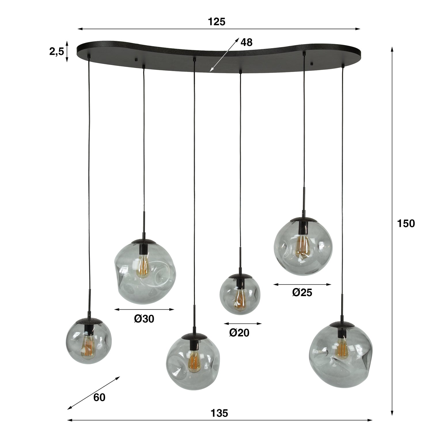 Hanglamp met 6 lampen Stellar Black - 135x60x150 cm - Artic Zwart