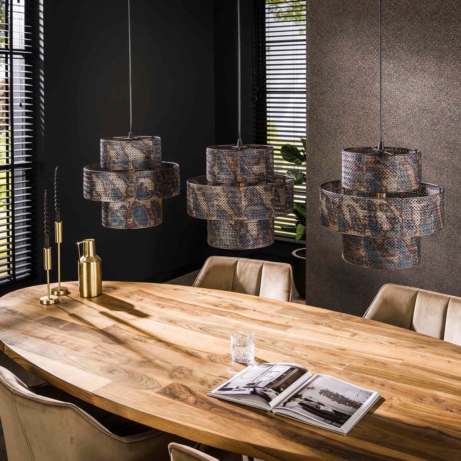 Hanglamp met 3 lampen Lantern - 135x35x150 cm - Zwart Bruin
