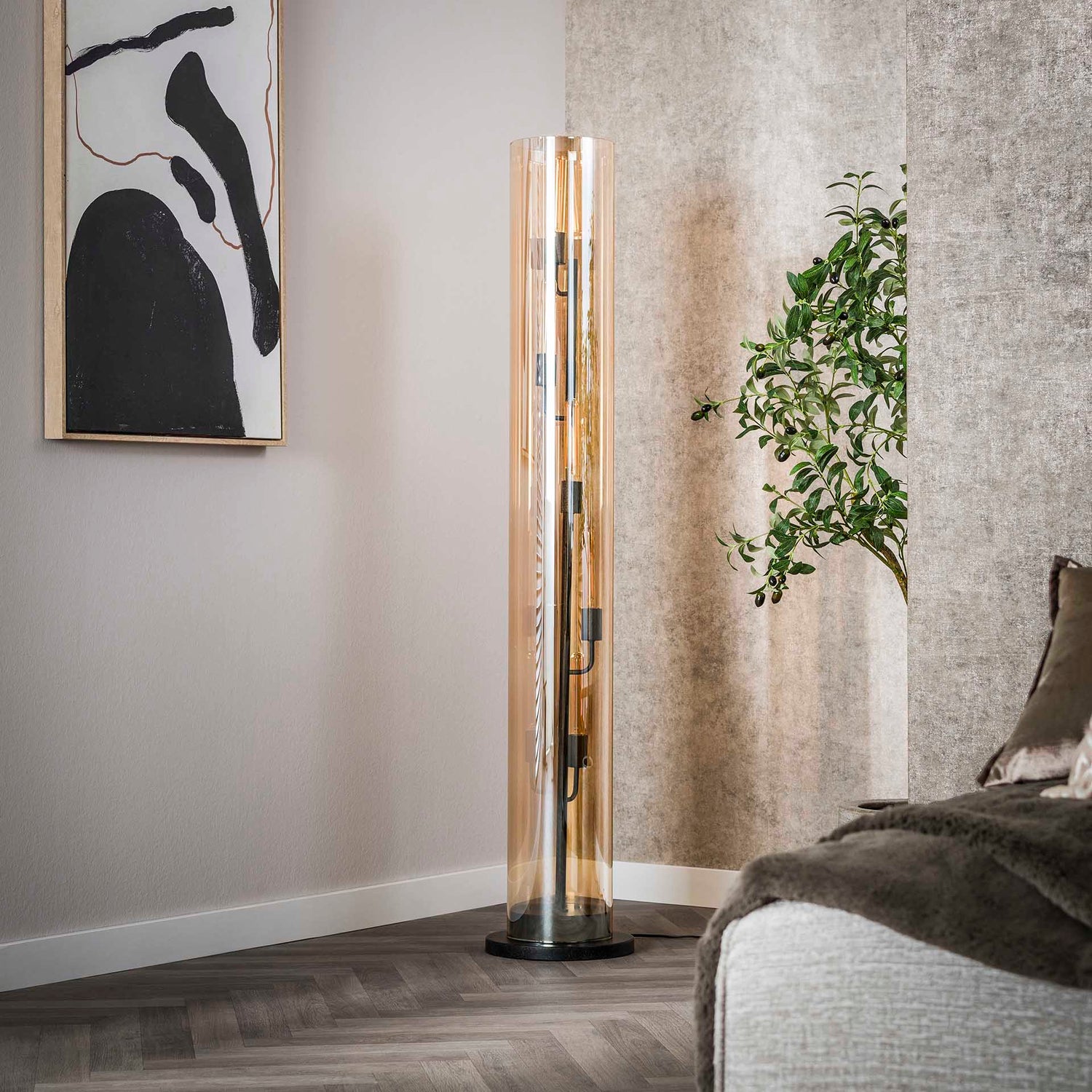 Vloerlamp met 5 Lampen tube amber glas - 20x20x150 cm - Artic Zwart - Glas