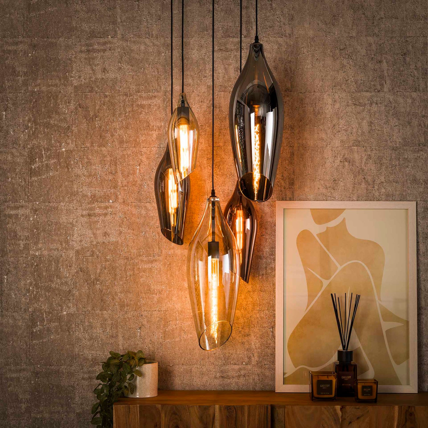 Hanglamp met 5 Lampen getrapt cocoon mix glass - 60x60x180 cm - Zwart - Glas