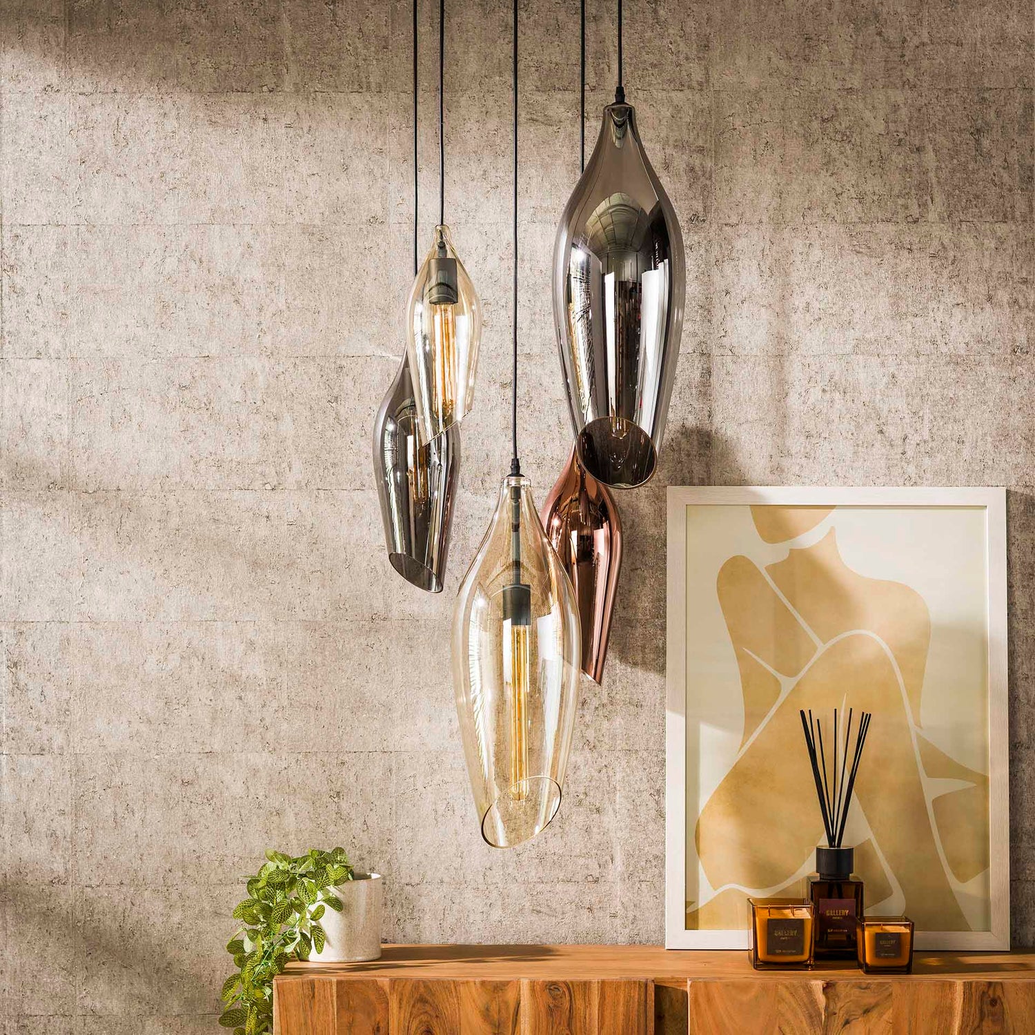 Hanglamp met 5 Lampen getrapt cocoon mix glass - 60x60x180 cm - Zwart - Glas