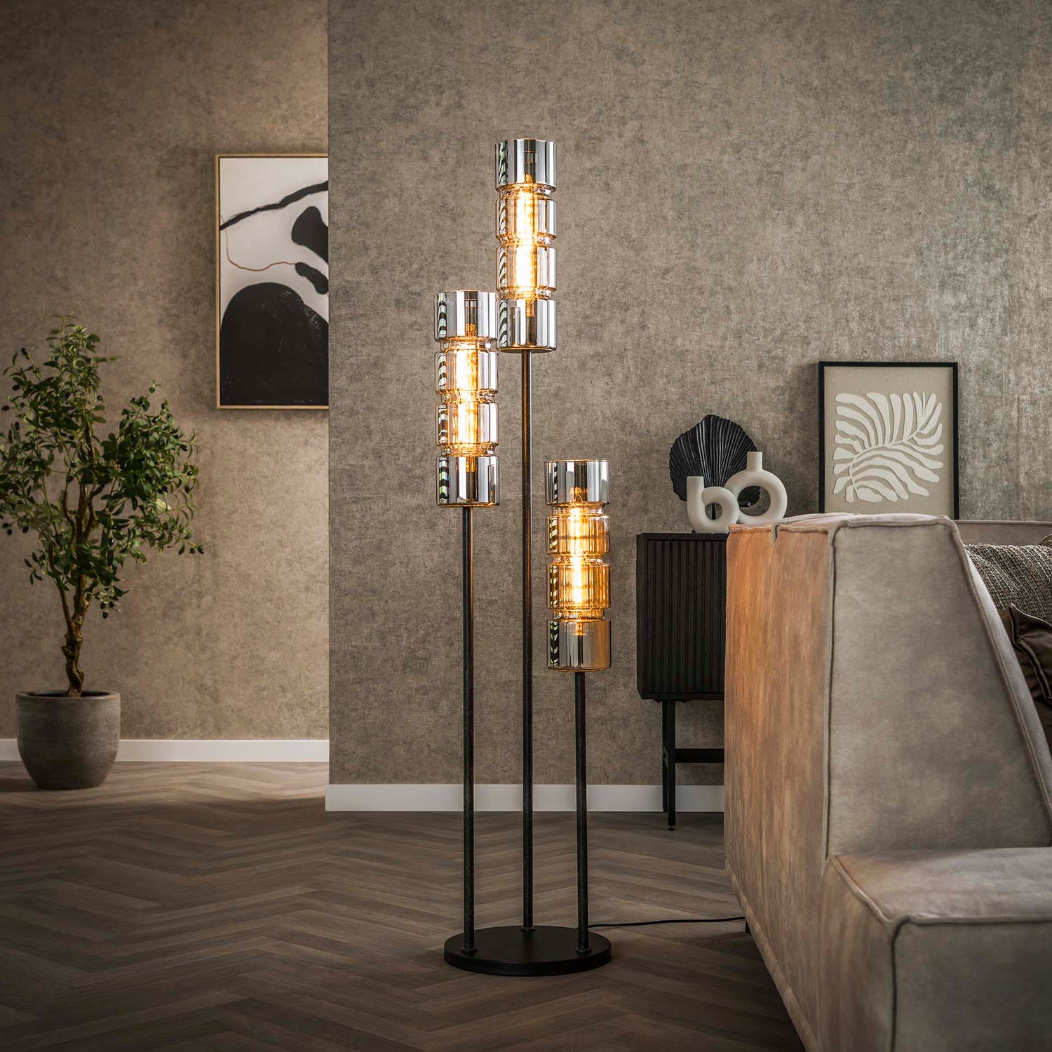 Vloerlamp met 3 lampen getrapt cylinder glas - 32x32x155 cm - Artic Zwart - Glas