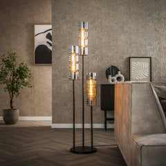 Vloerlamp met 3 lampen getrapt cylinder glas - 32x32x155 cm - Artic Zwart - Glas