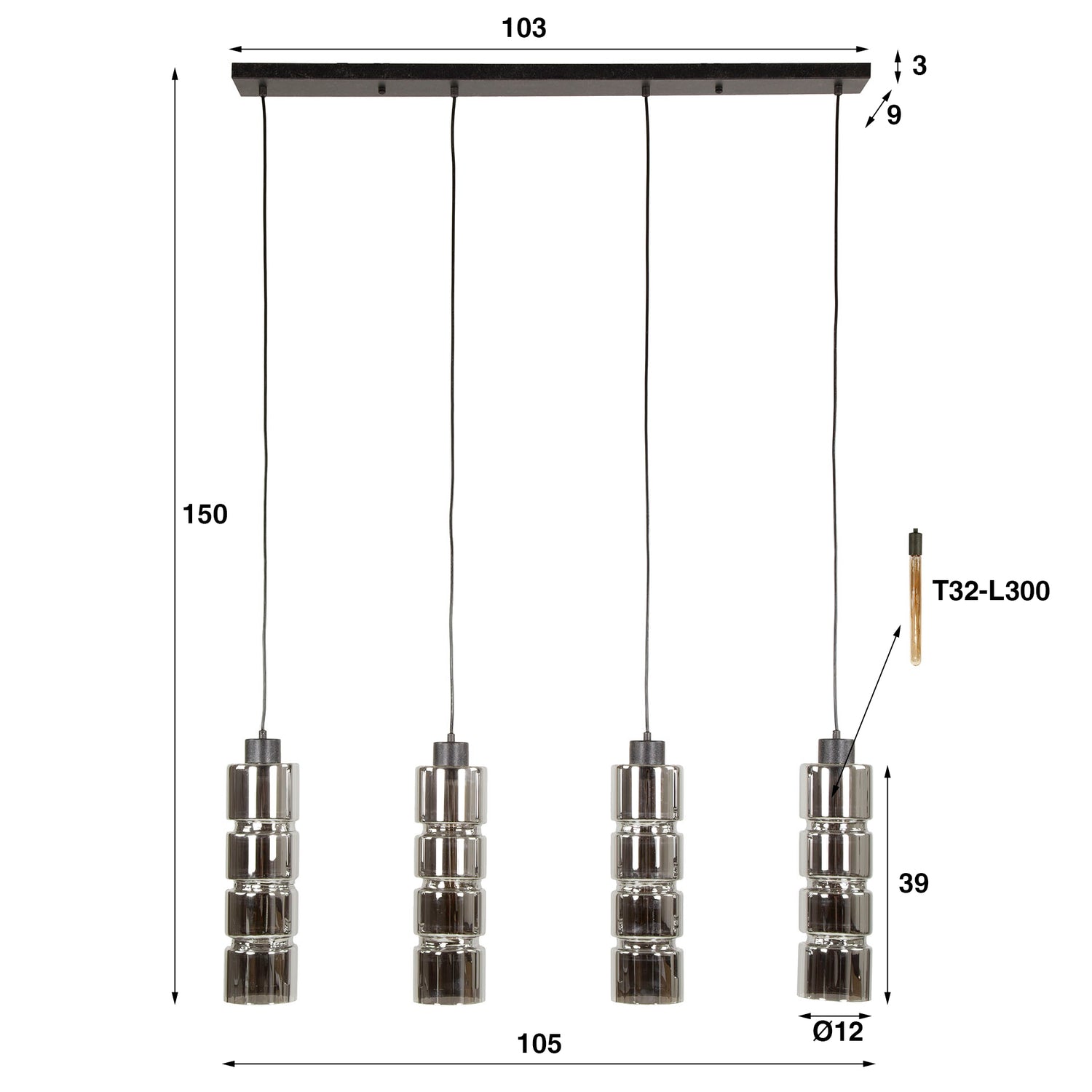 Hanglamp met 4 lampen cylinder glas - 105x12x150 cm - Artic Zwart - Glas