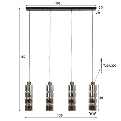 Hanglamp met 4 lampen cylinder glas - 105x12x150 cm - Artic Zwart - Glas