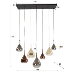 Hanglamp met 7 Lampen Wings mix glass - 120x40x150 cm - Zwart - Glas