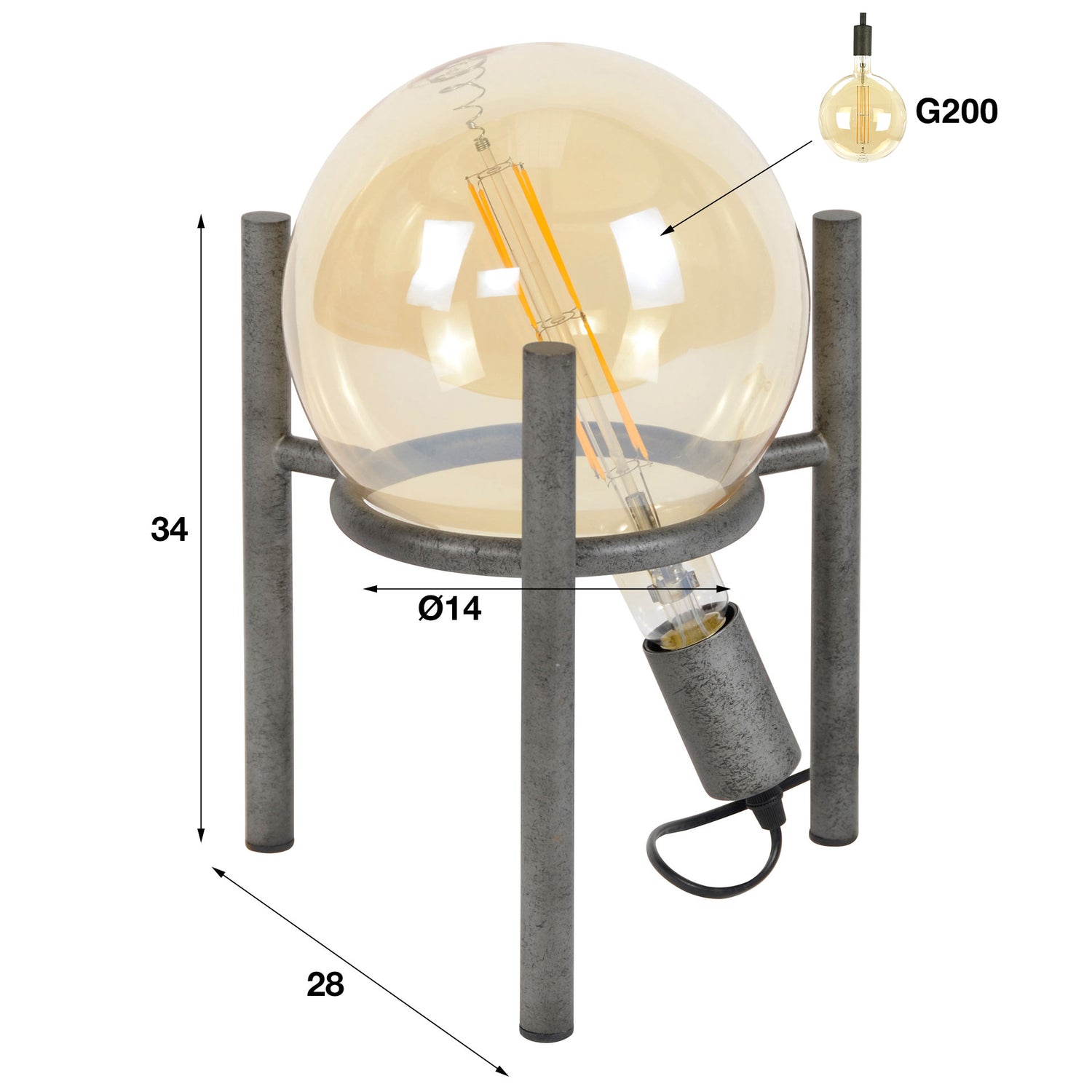 Tafellamp met Ø20 lichtbron Saturn - 28x28x34 cm - Oud Zilver