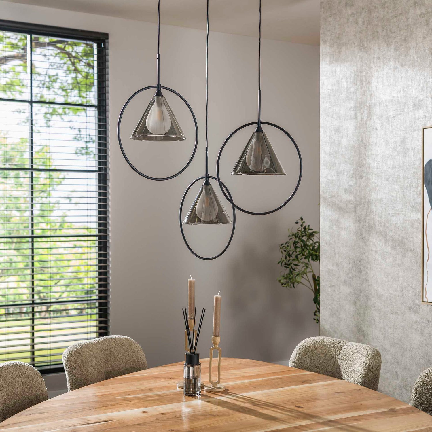 Hanglamp met 3 lampen ring getrapt tapse kap (G9) - 45x45x180 cm - Smoke Grey - Glas