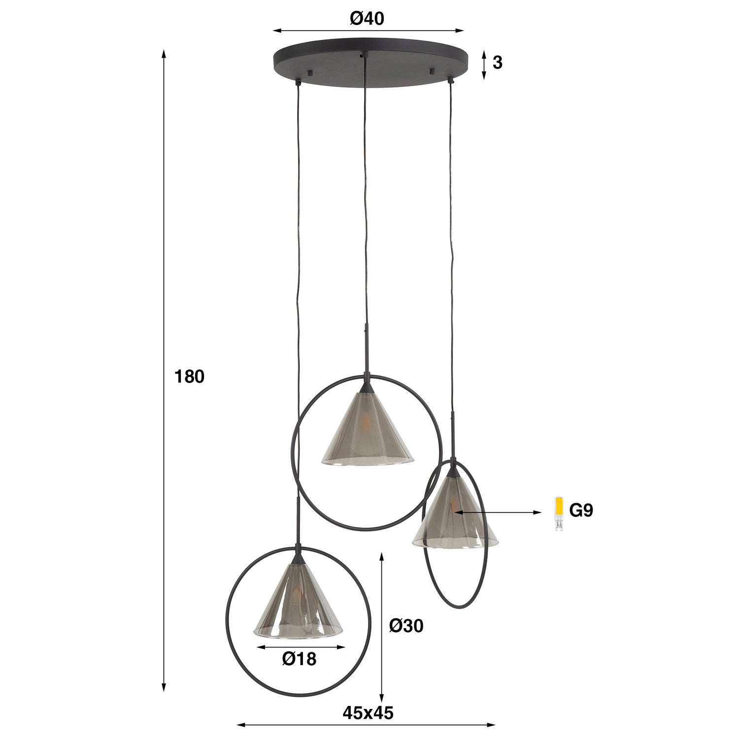 Hanglamp met 3 lampen ring getrapt tapse kap (G9) - 45x45x180 cm - Smoke Grey - Glas