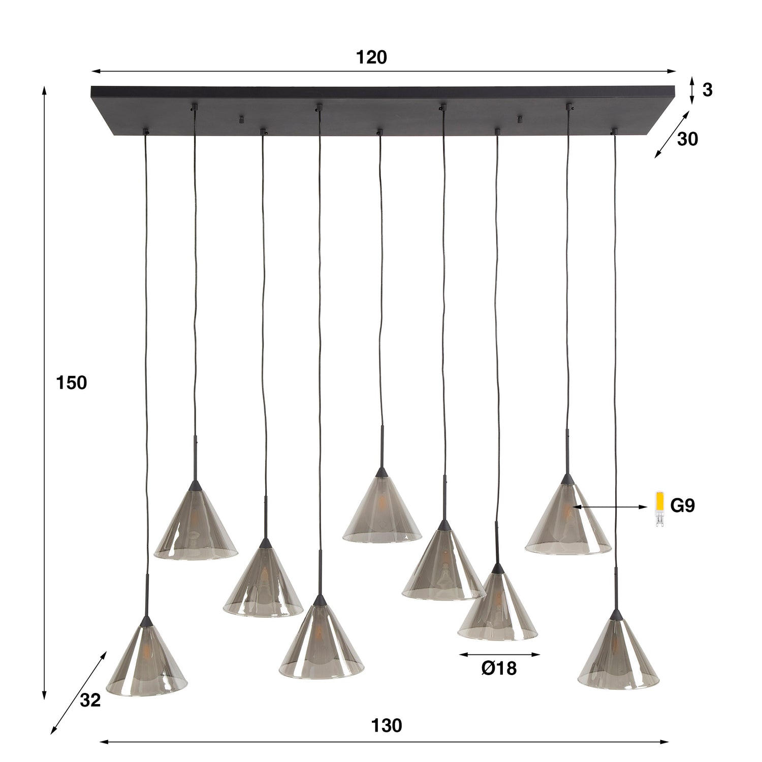 Hanglamp met 9 lampen tapse kap glas - 130x32x150 cm - Smoke Grey - Glas