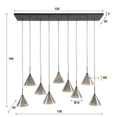 Hanglamp met 9 lampen tapse kap glas - 130x32x150 cm - Smoke Grey - Glas