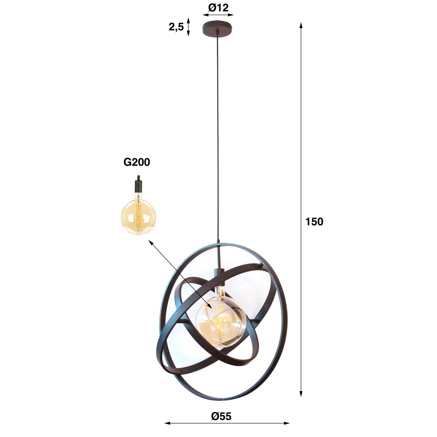 Hanglamp met 1 lamp Galaxy - 55x55x150 cm - Artic Zwart