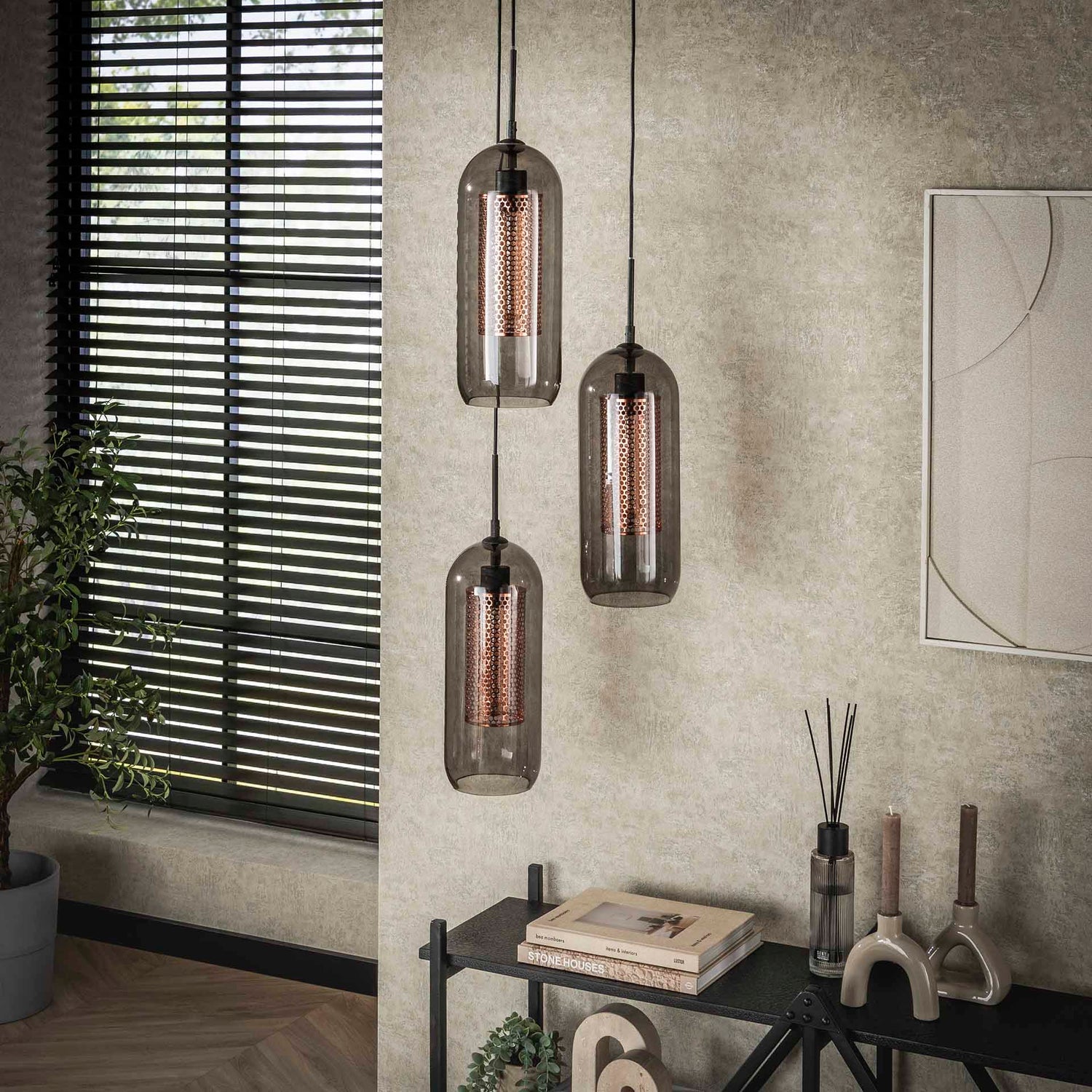 Hanglamp met 3 Lampen Getrapt Smoke Glas - 35x35x180 cm - Artic Zwart - Geperforeerd Staal
