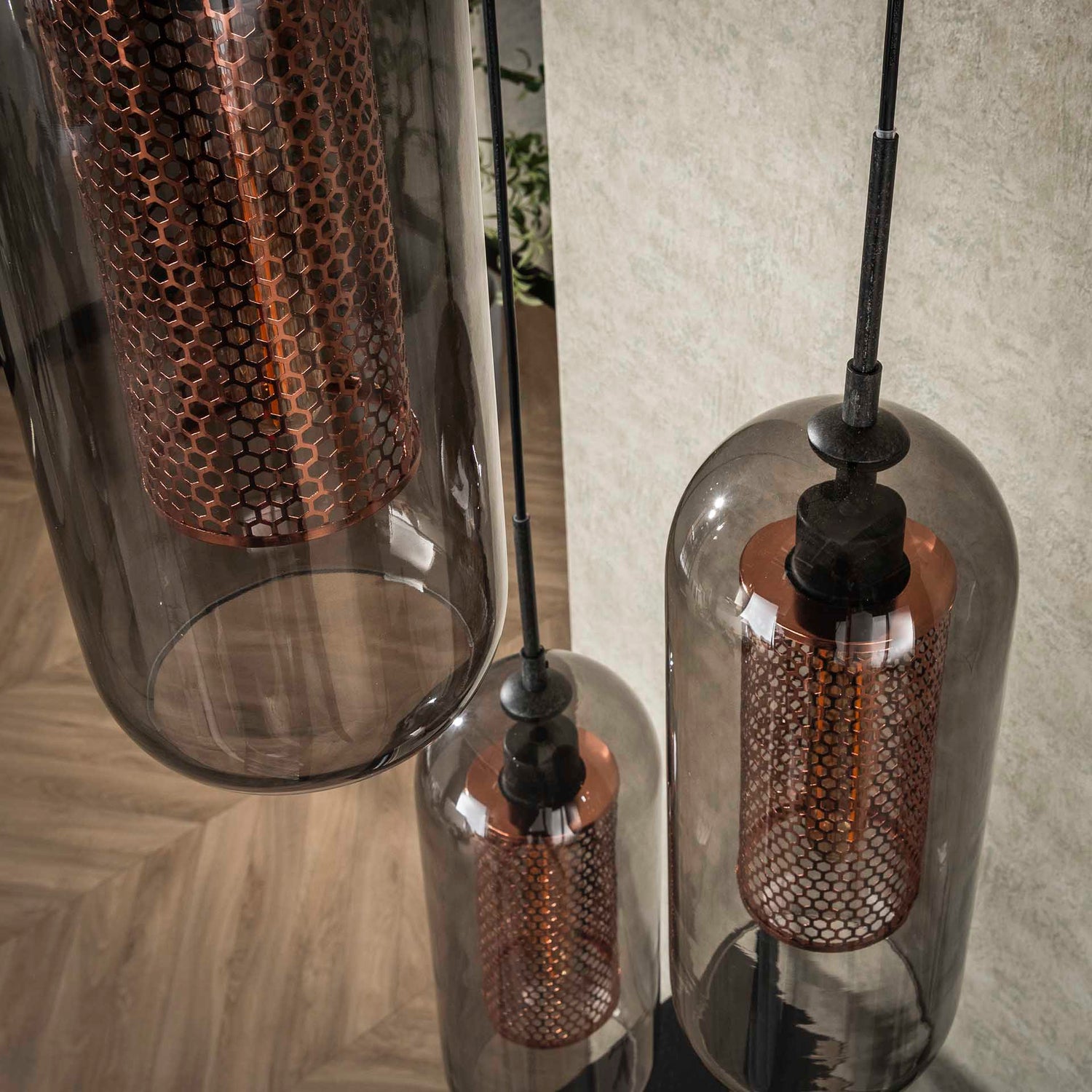 Hanglamp met 3 Lampen Getrapt Smoke Glas - 35x35x180 cm - Artic Zwart - Geperforeerd Staal