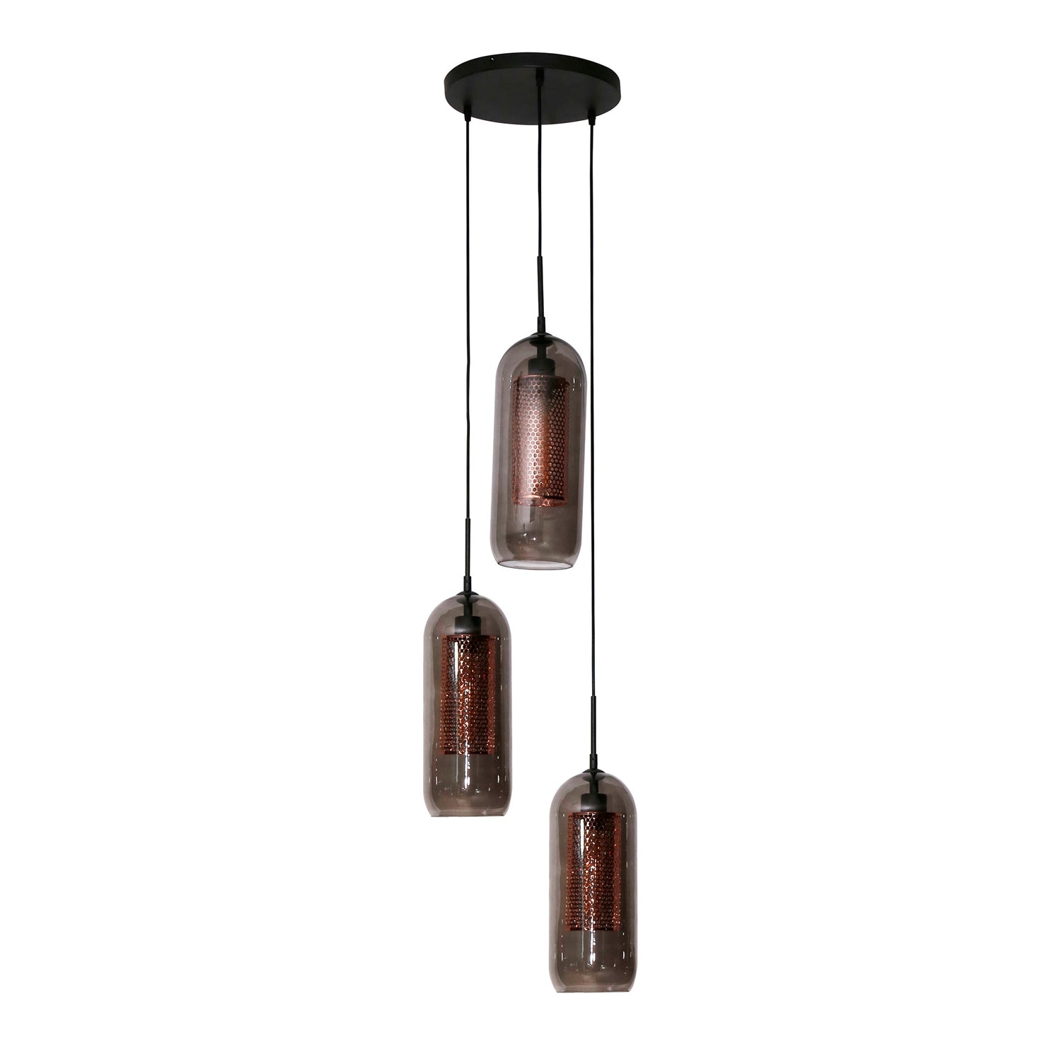 Hanglamp met 3 Lampen Getrapt Smoke Glas - 35x35x180 cm - Artic Zwart - Geperforeerd Staal