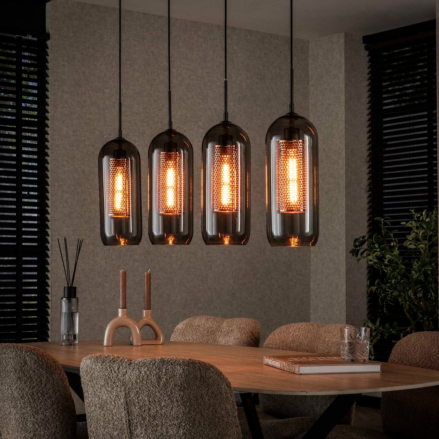 Hanglamp met 4 Lampen Smoke Glas - 105x15x150 cm - Artic Zwart - Geperforeerd Staal