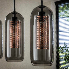 Hanglamp met 4 Lampen Smoke Glas - 105x15x150 cm - Artic Zwart - Geperforeerd Staal