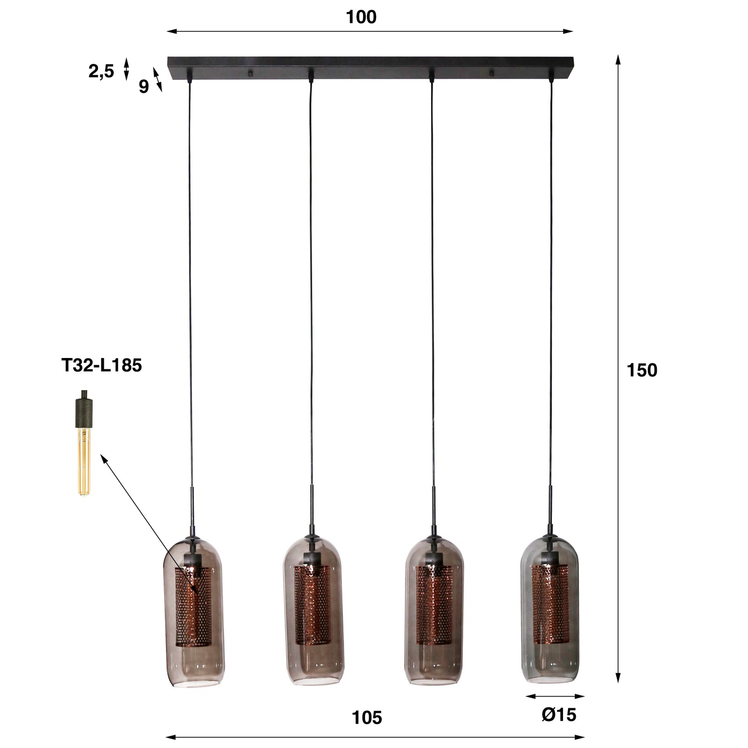 Hanglamp met 4 Lampen Smoke Glas - 105x15x150 cm - Artic Zwart - Geperforeerd Staal